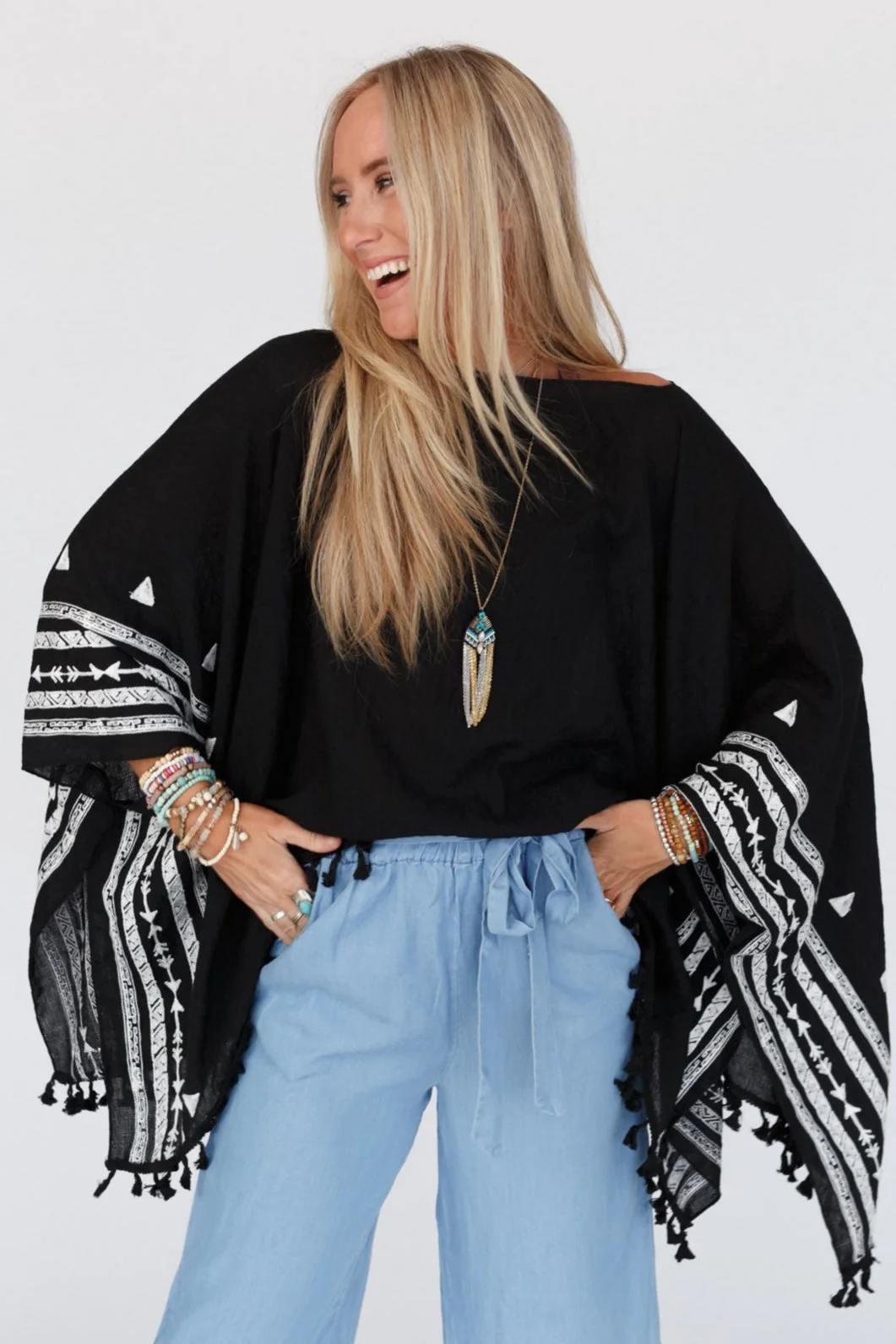 Fallon Embroidered Sleeve Tassel Poncho - Black - Image 4