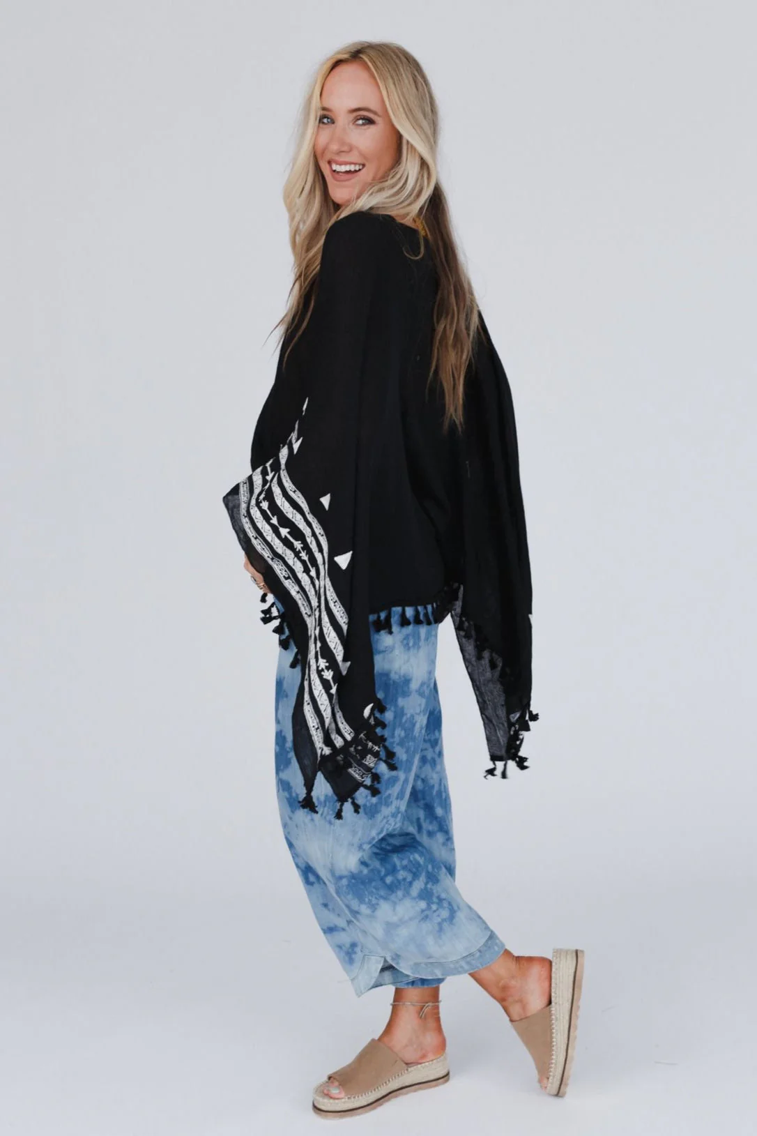 Fallon Embroidered Sleeve Tassel Poncho - Black - Image 5