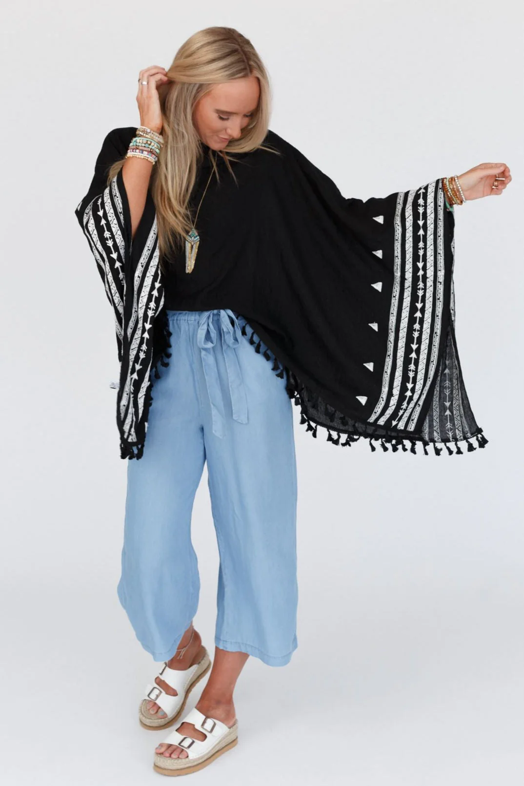 Fallon Embroidered Sleeve Tassel Poncho - Black - Image 8
