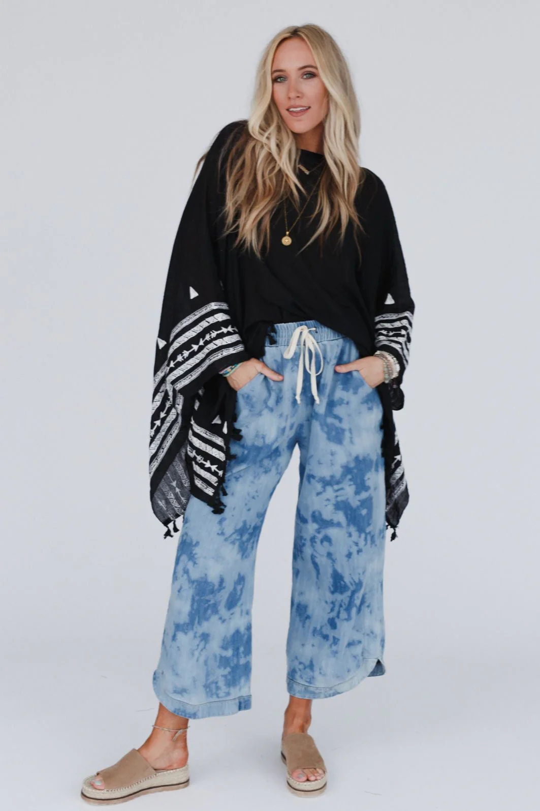 Fallon Embroidered Sleeve Tassel Poncho - Black - Image 9