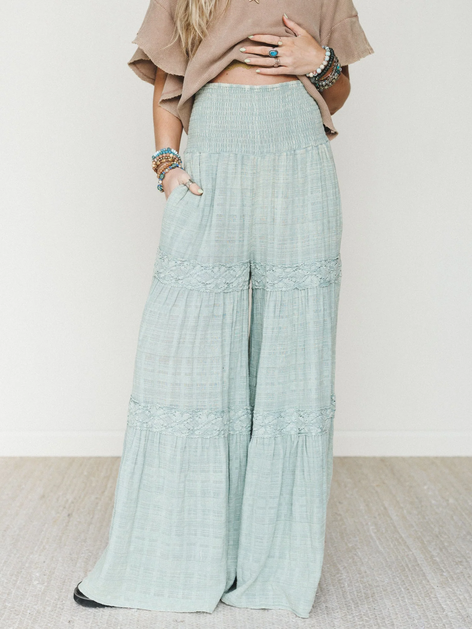 Farrah Flower Wide Leg Pants - Light Blue