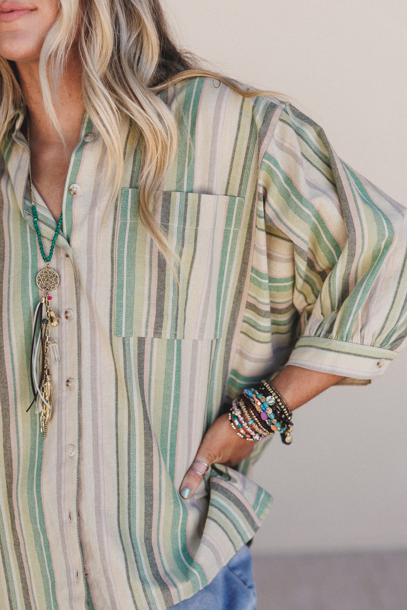 Finch Striped Button Down Top - Green Multi - Image 3