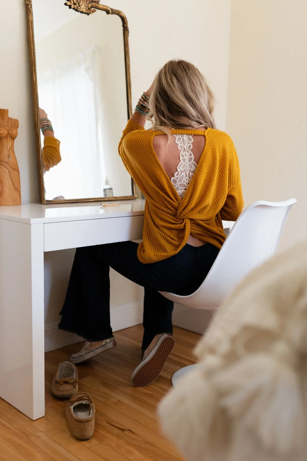 The Nest Flattering Open Back Thermal Knit Top - Mustard - Pre Order