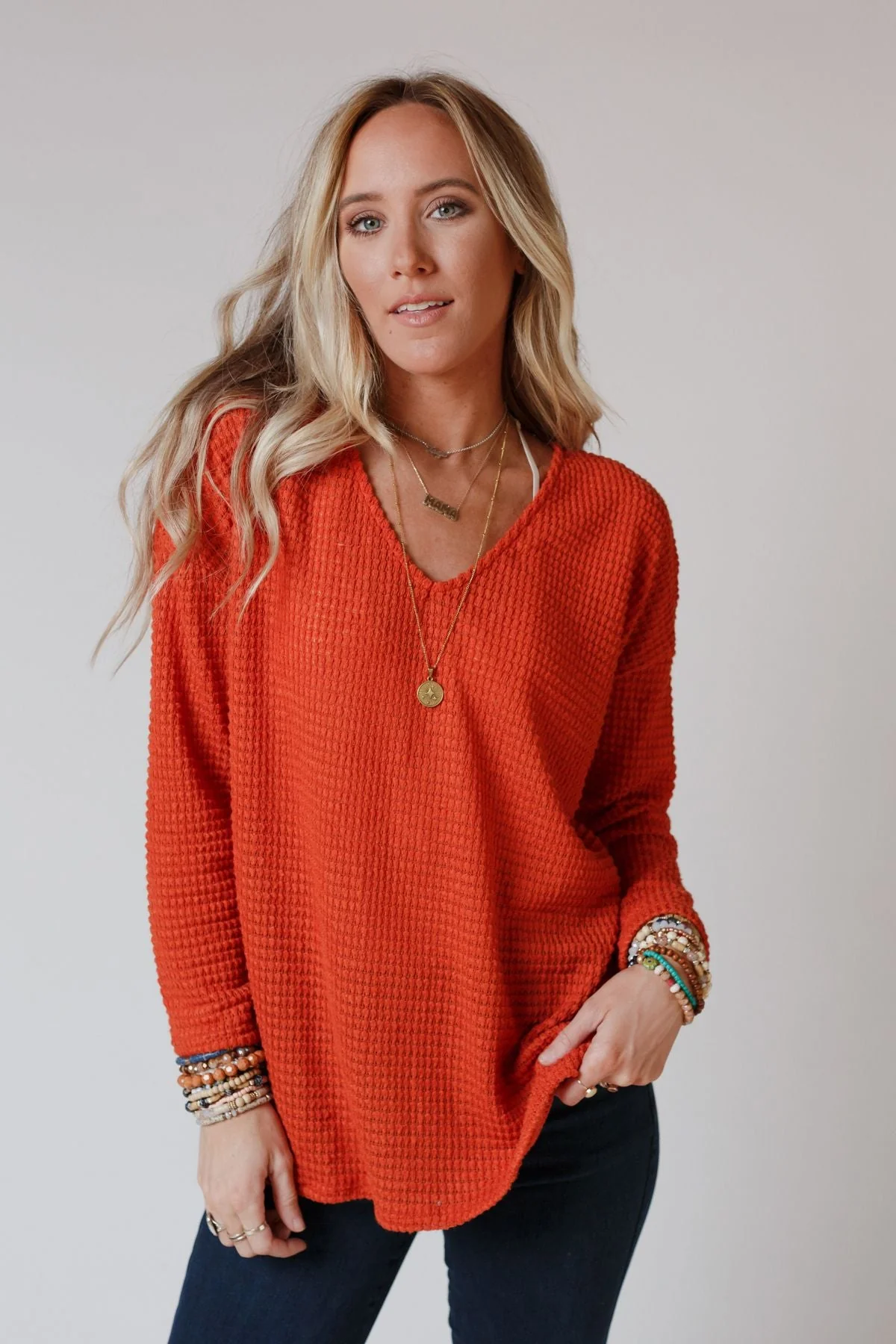 The Nest Flattering Open Back Thermal Knit Top - Rust - Image 2