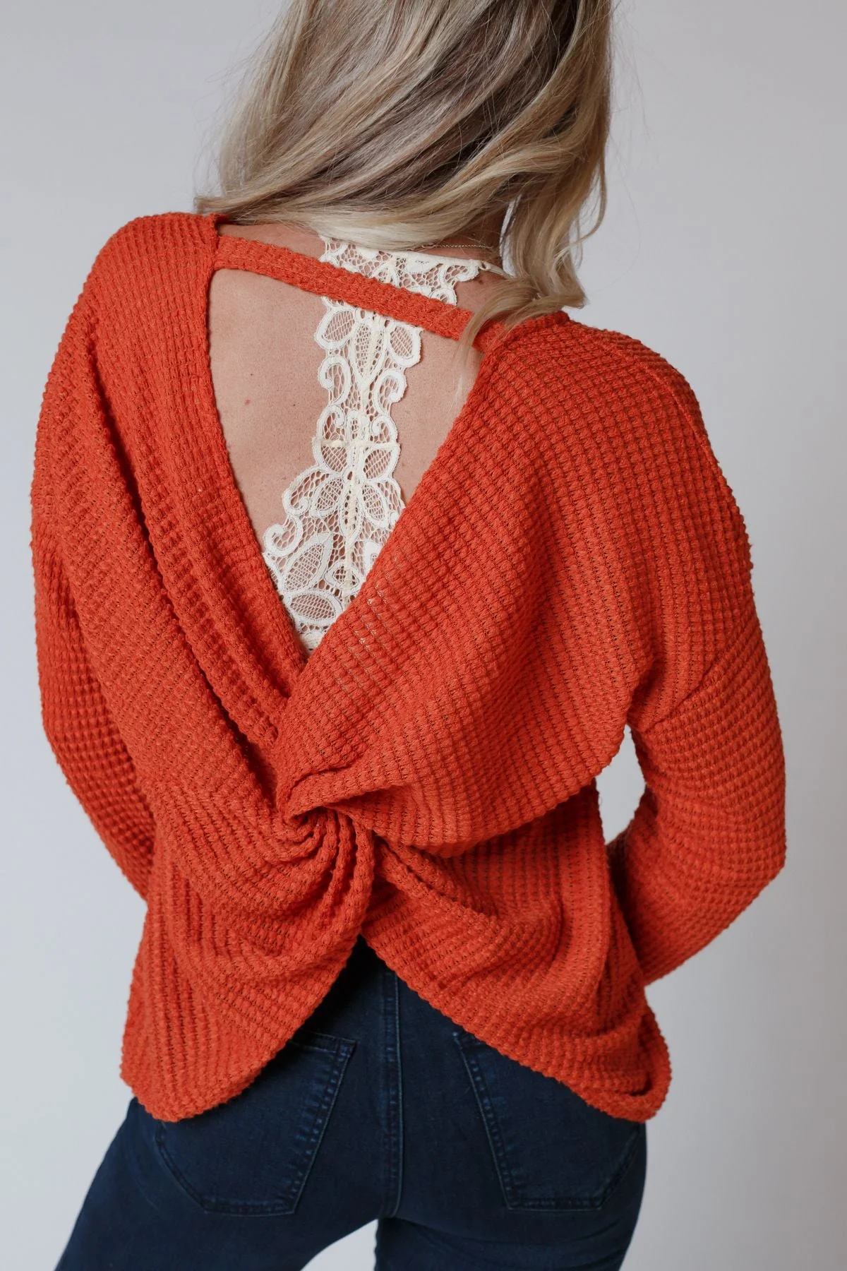 The Nest Flattering Open Back Thermal Knit Top - Rust - Image 3