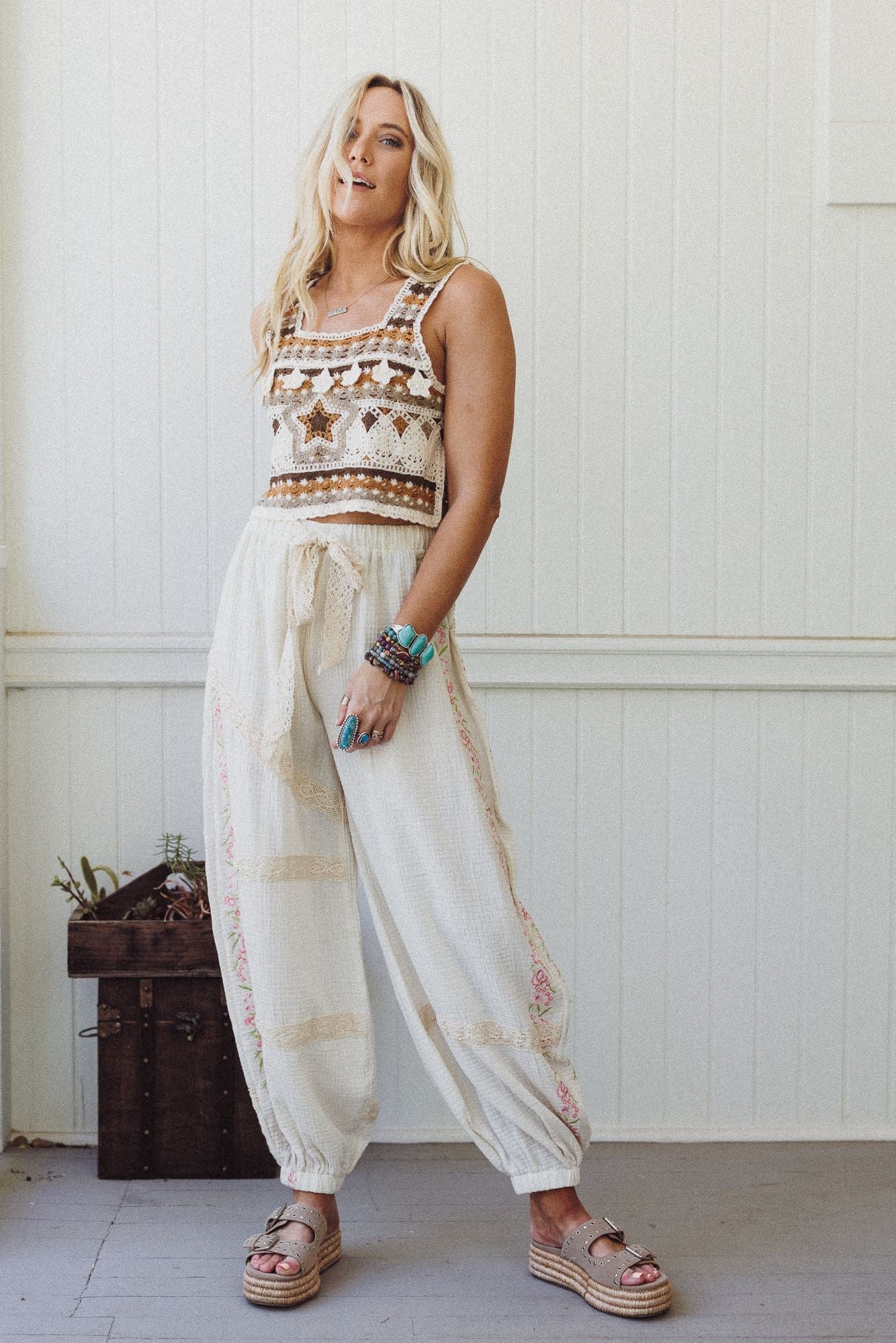 Floral Drift Embroidered Pants - Natural - Image 4