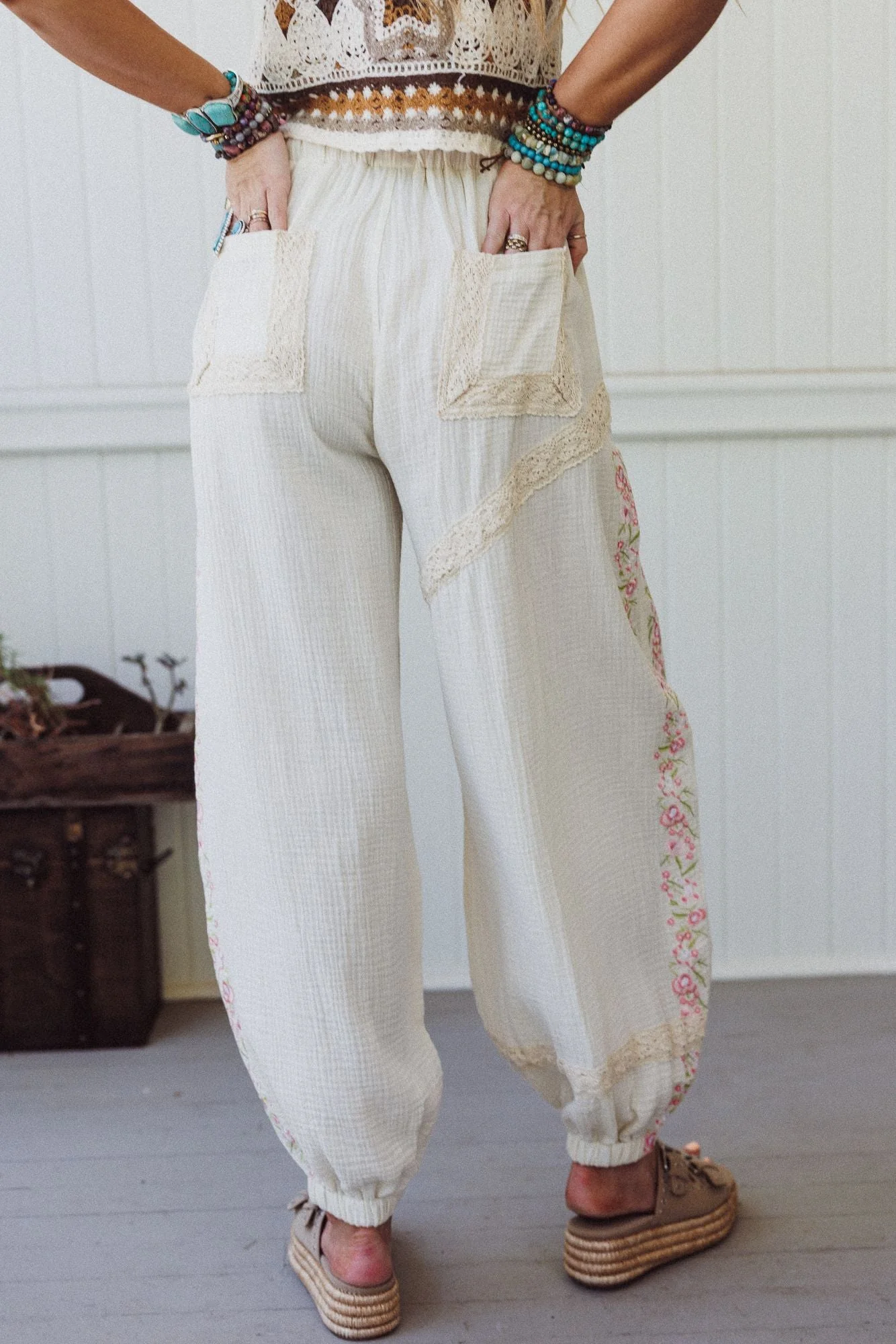 Floral Drift Embroidered Pants - Natural - Image 5