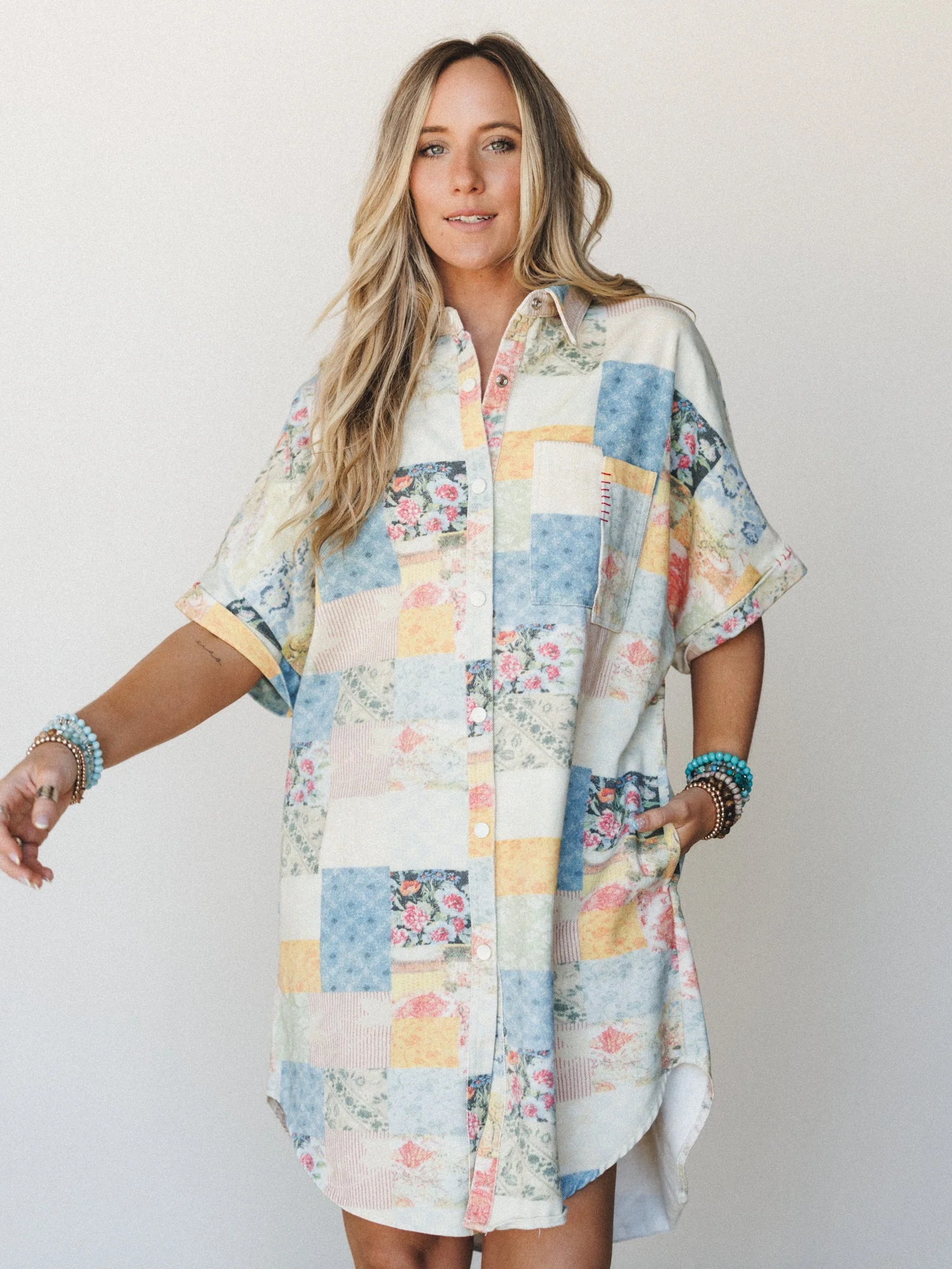 Floral Vines Patchwork Denim Dress - Patchwork Denim - Image 2