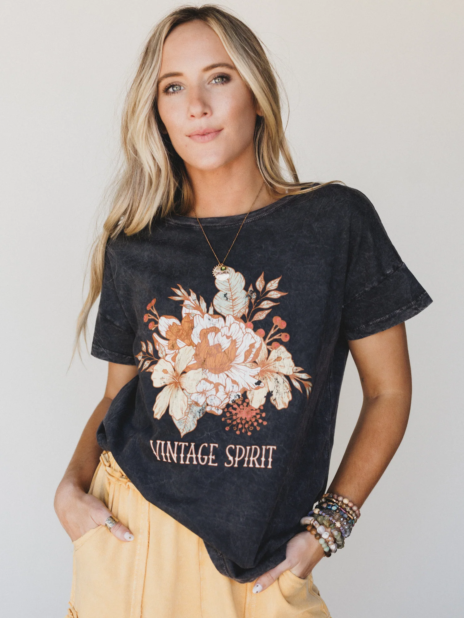 Floral Vintage Spirit Graphic Tee - Charcoal - Pre Order - Image 2