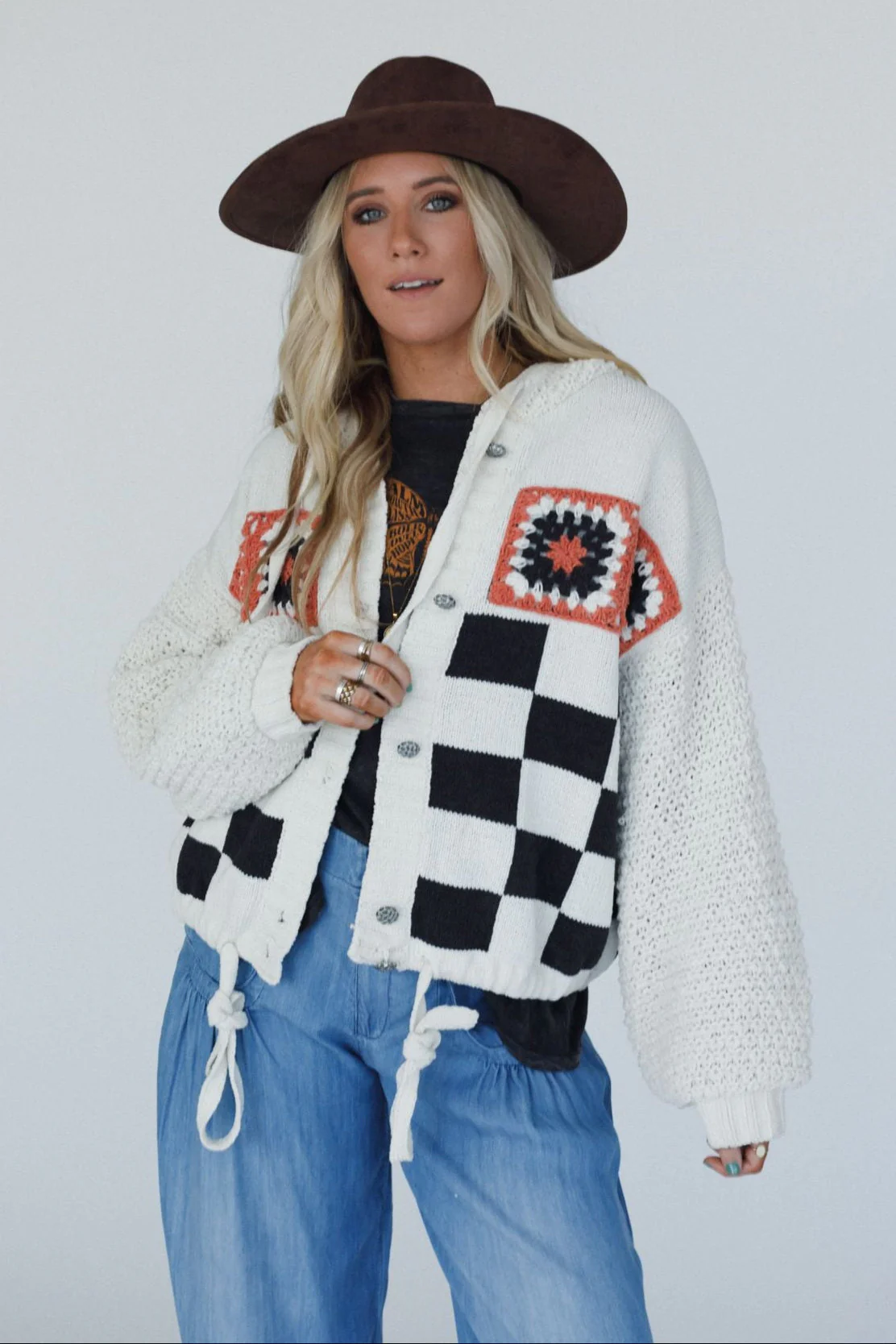 Flower Check Hoodie Top - Cream - Image 5