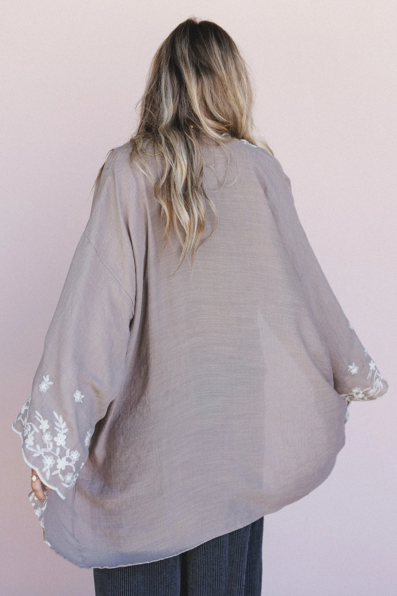 Flower Crowns Embroidered Kimono - Mocha - Image 3