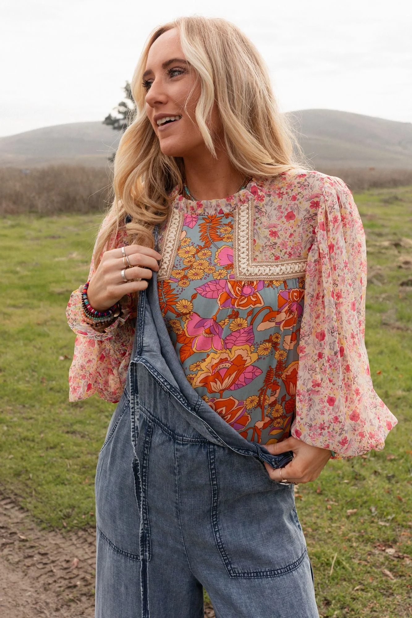 Flower Frenzy Bubble Sleeve Top - Sage Multi - Image 10