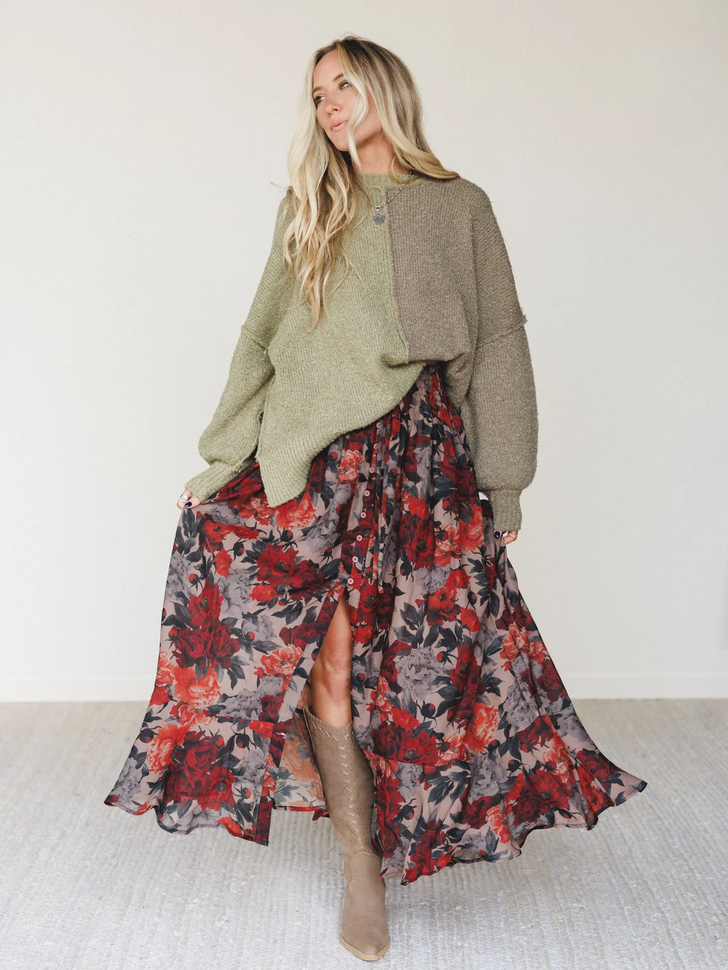 Folk Tale Color Block Sweater - Olive - Image 6