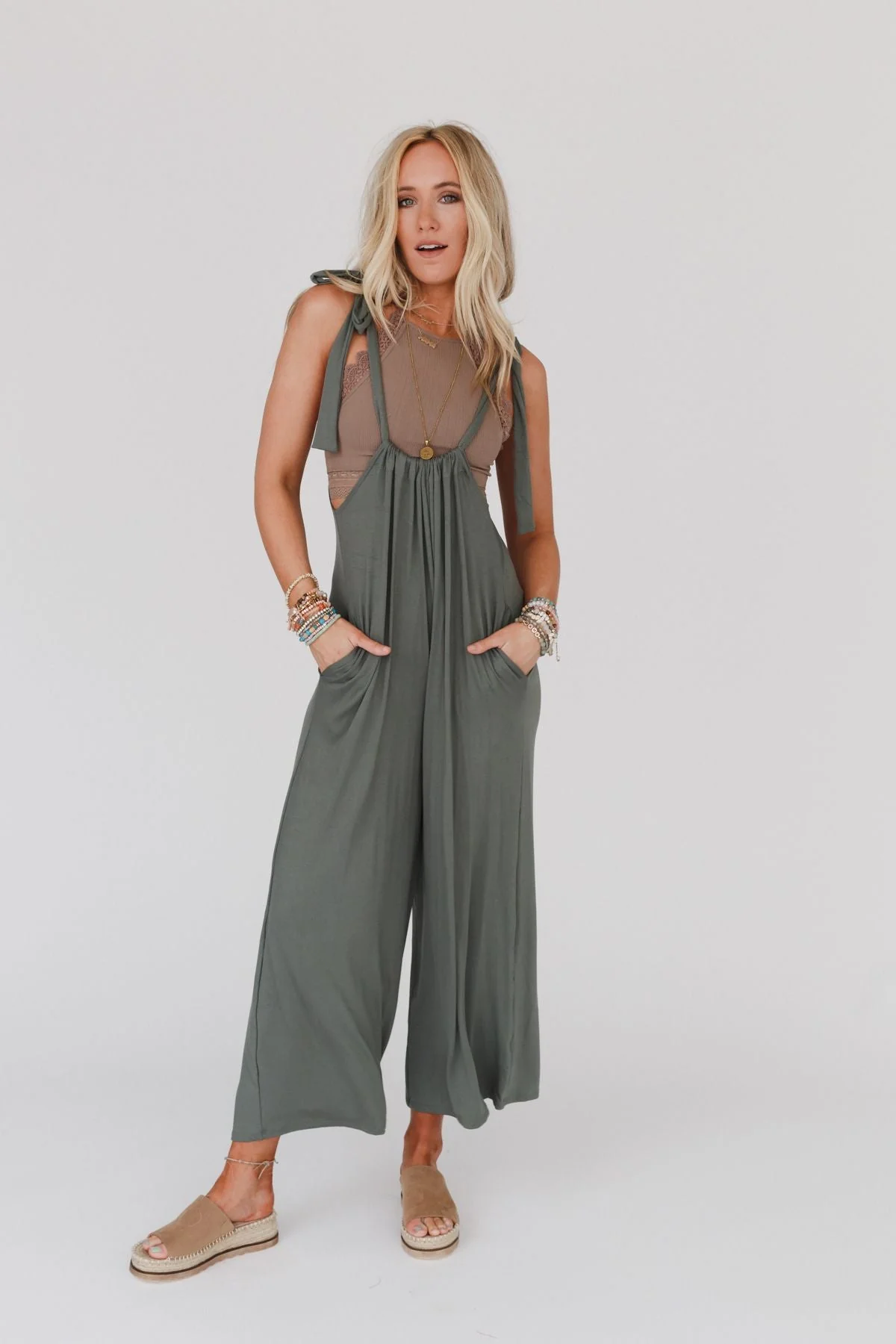 The Nest Forever Relaxed Gathered Jumpsuit - Light Olive - Image 2