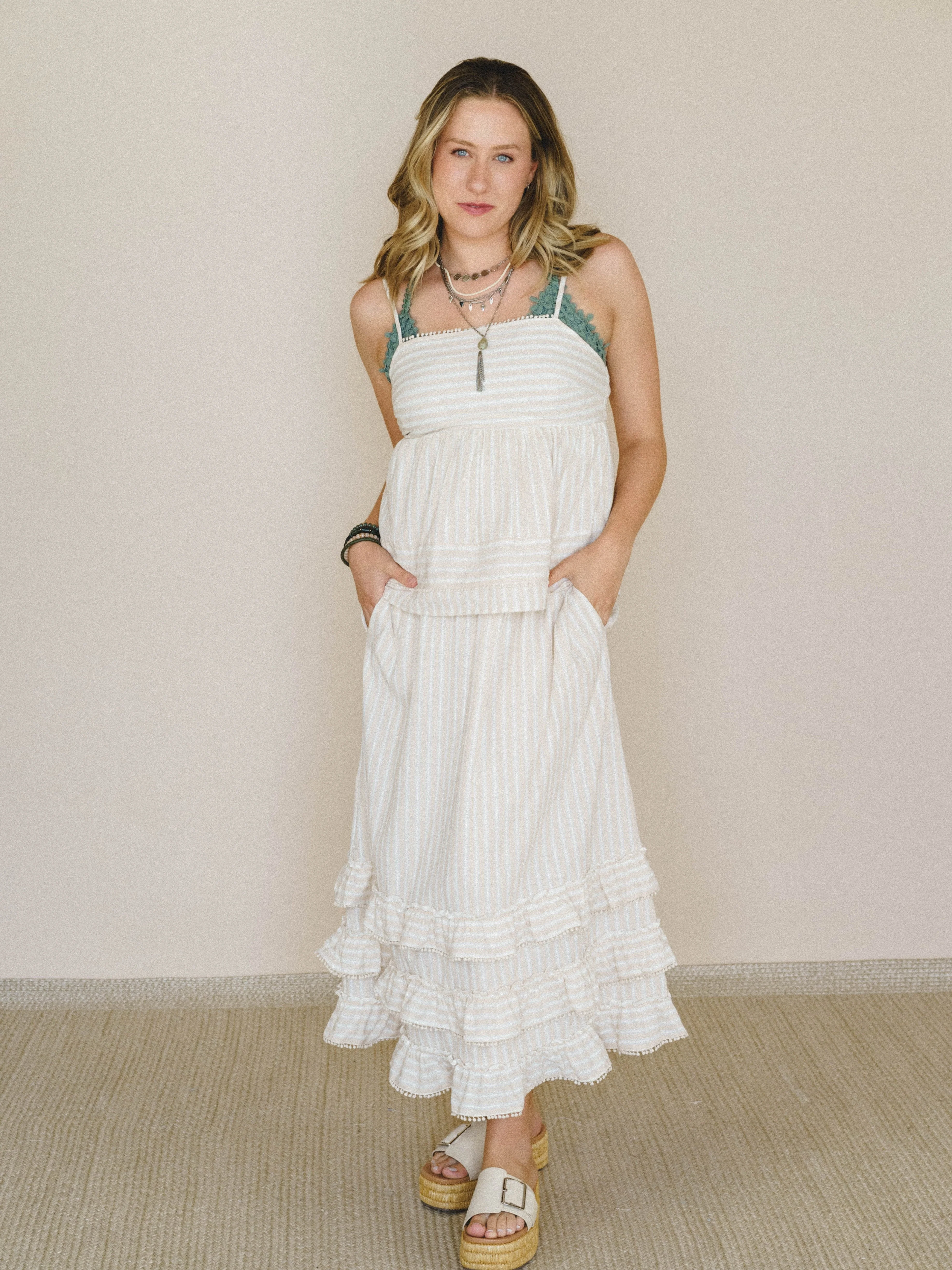 Freya Striped Ruffle Trim 2 Piece Set - Latte