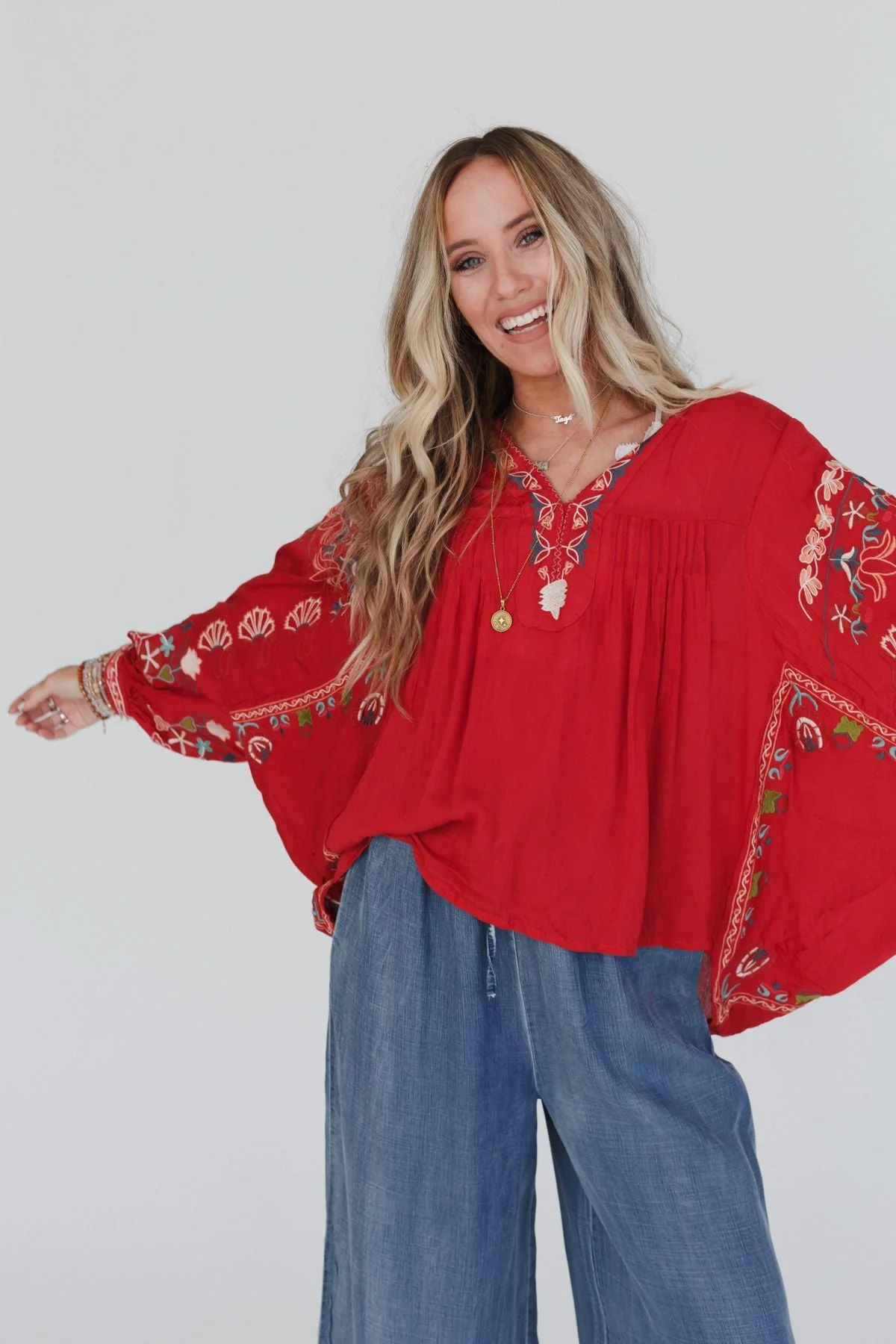 Frida Embroidered Dolman Sleeve Top - Red Orange - Image 2