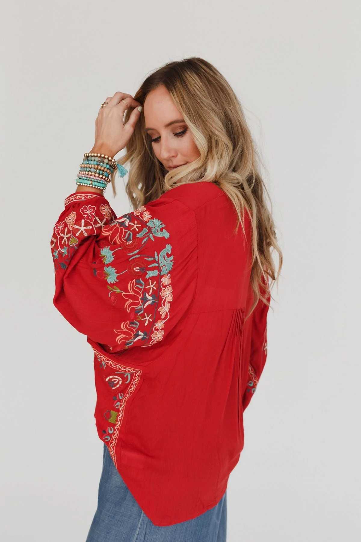 Frida Embroidered Dolman Sleeve Top - Red Orange - Image 3