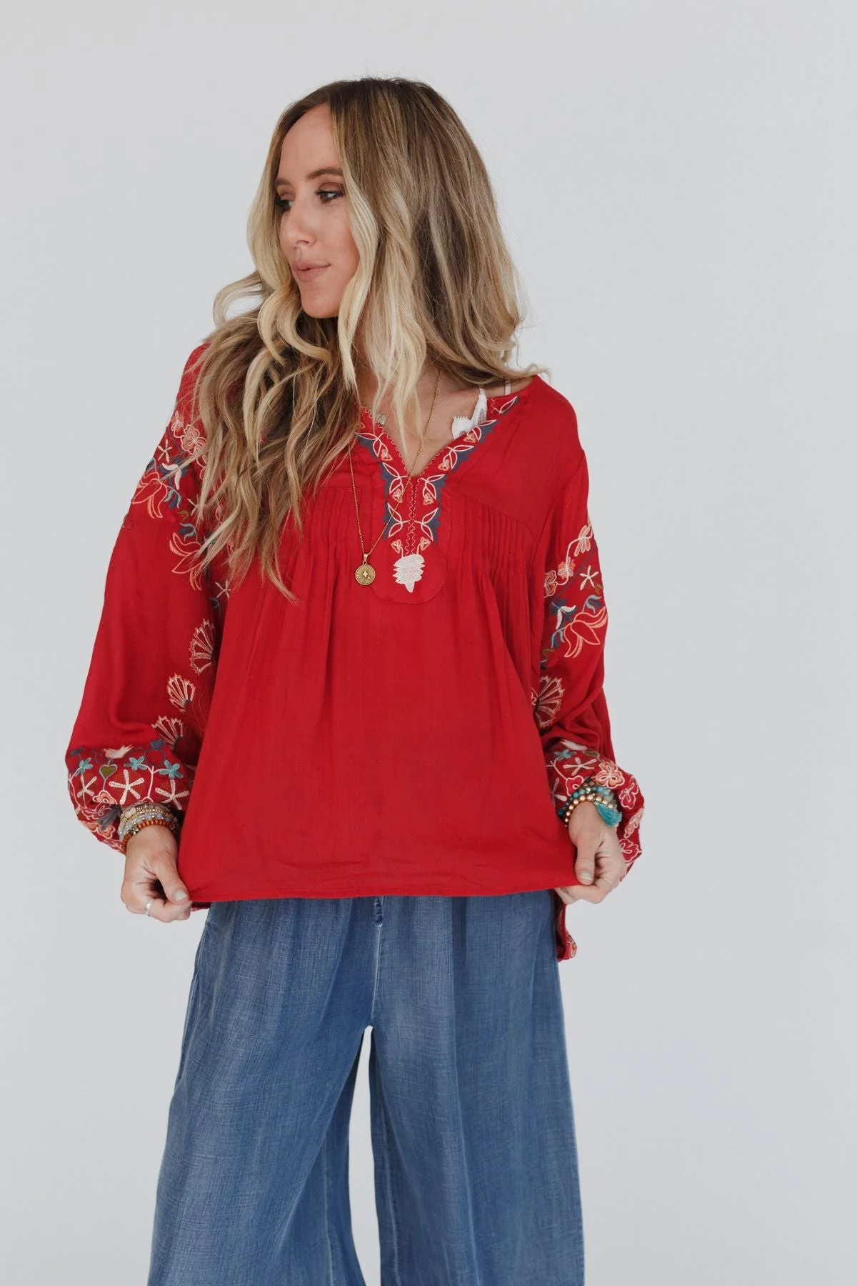Frida Embroidered Dolman Sleeve Top - Red Orange - Image 4