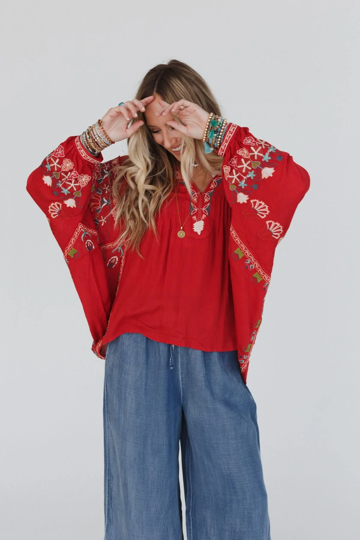 Frida Embroidered Dolman Sleeve Top - Red Orange - Image 6