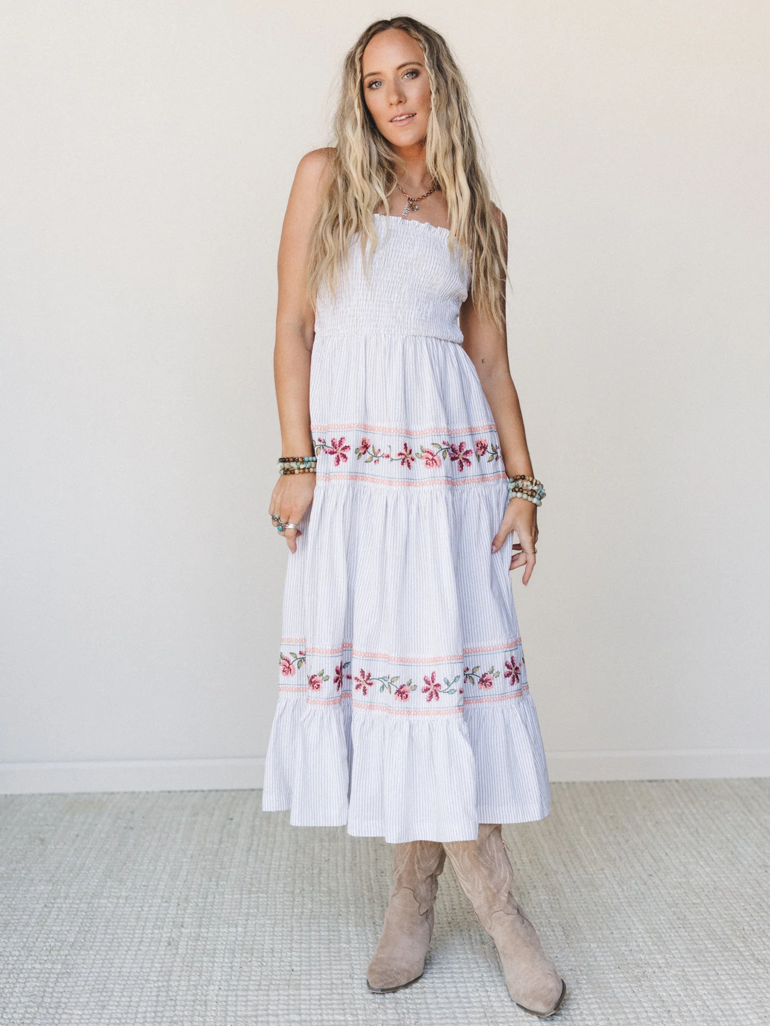 Garden Nomad Embroidered Dress - Off White Taupe - Image 2