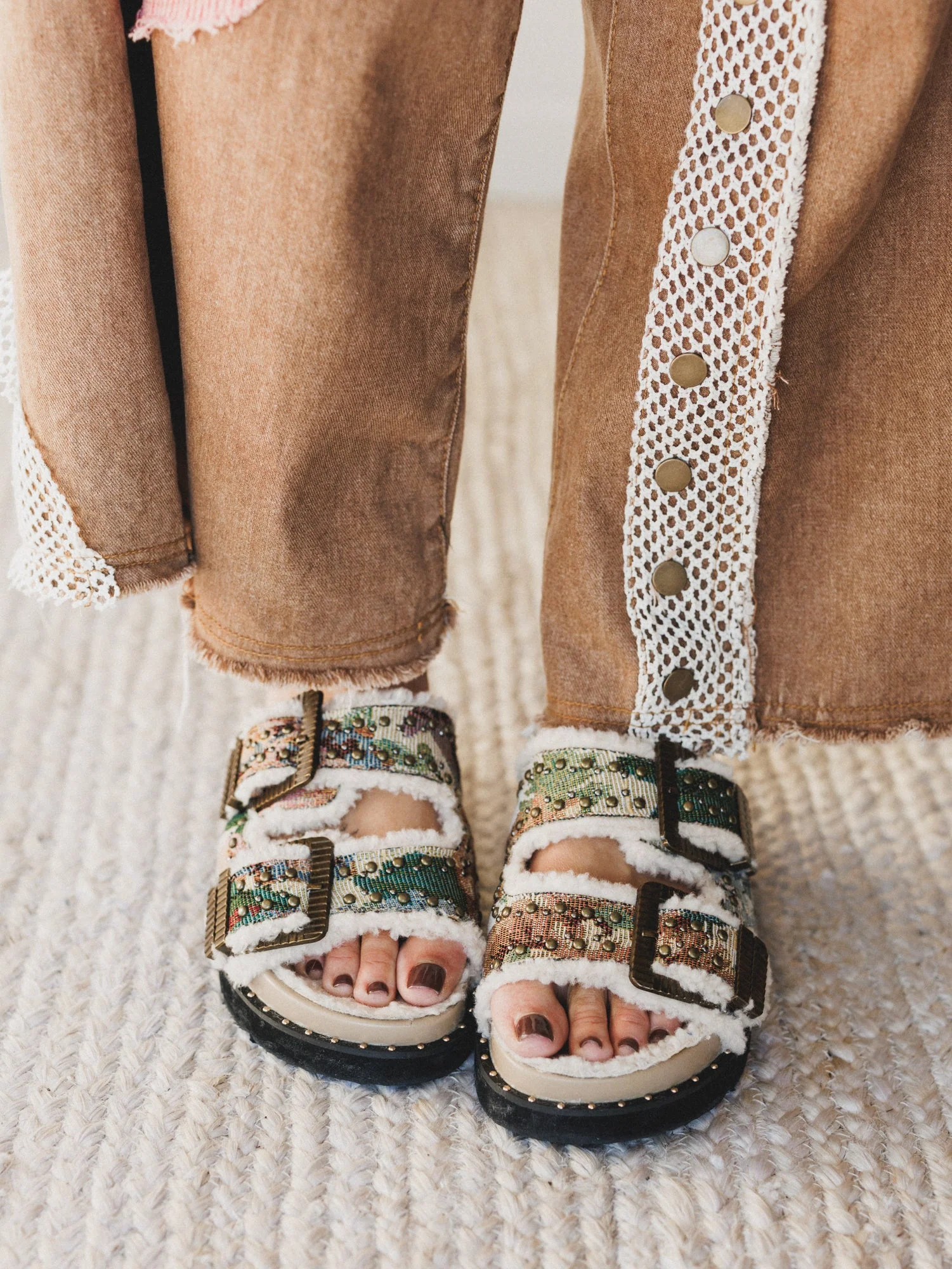 Gaylen Studded Buckle Fleece-lined Slides - Floral Tapestry - Image 6