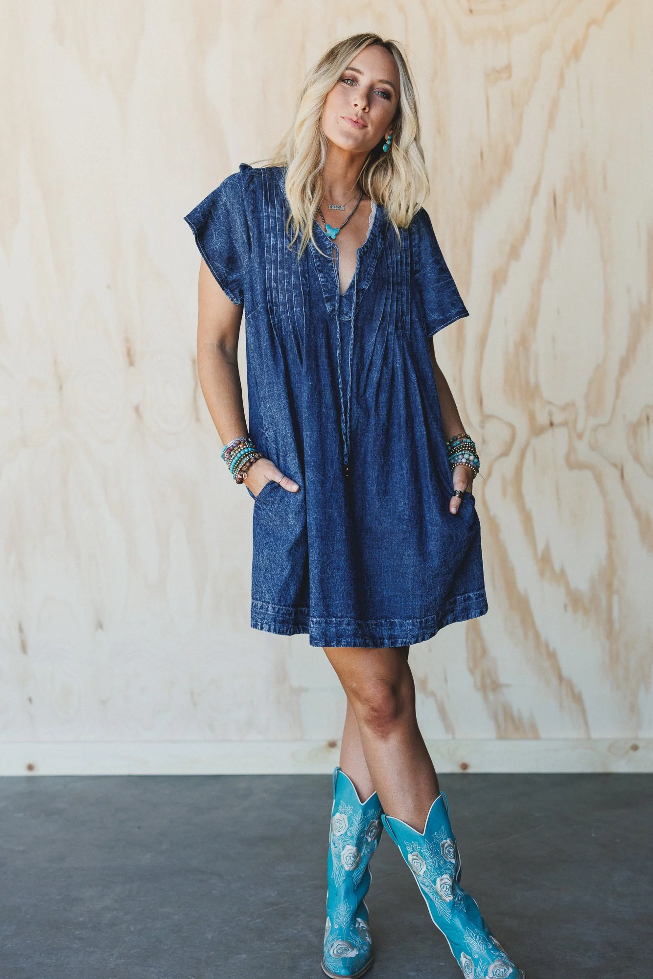 Getaway Pleated Denim Dress - Washed Denim - Image 2
