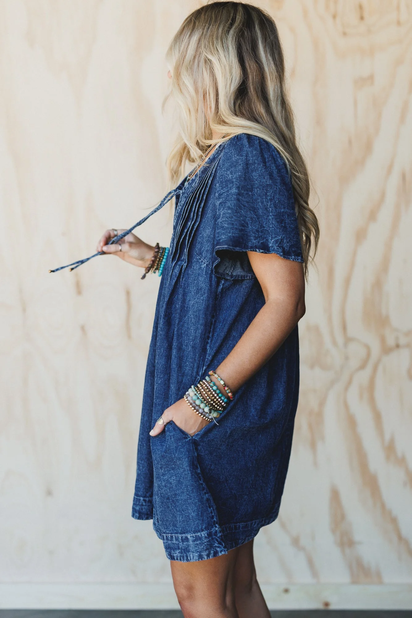Getaway Pleated Denim Dress - Washed Denim - Image 6