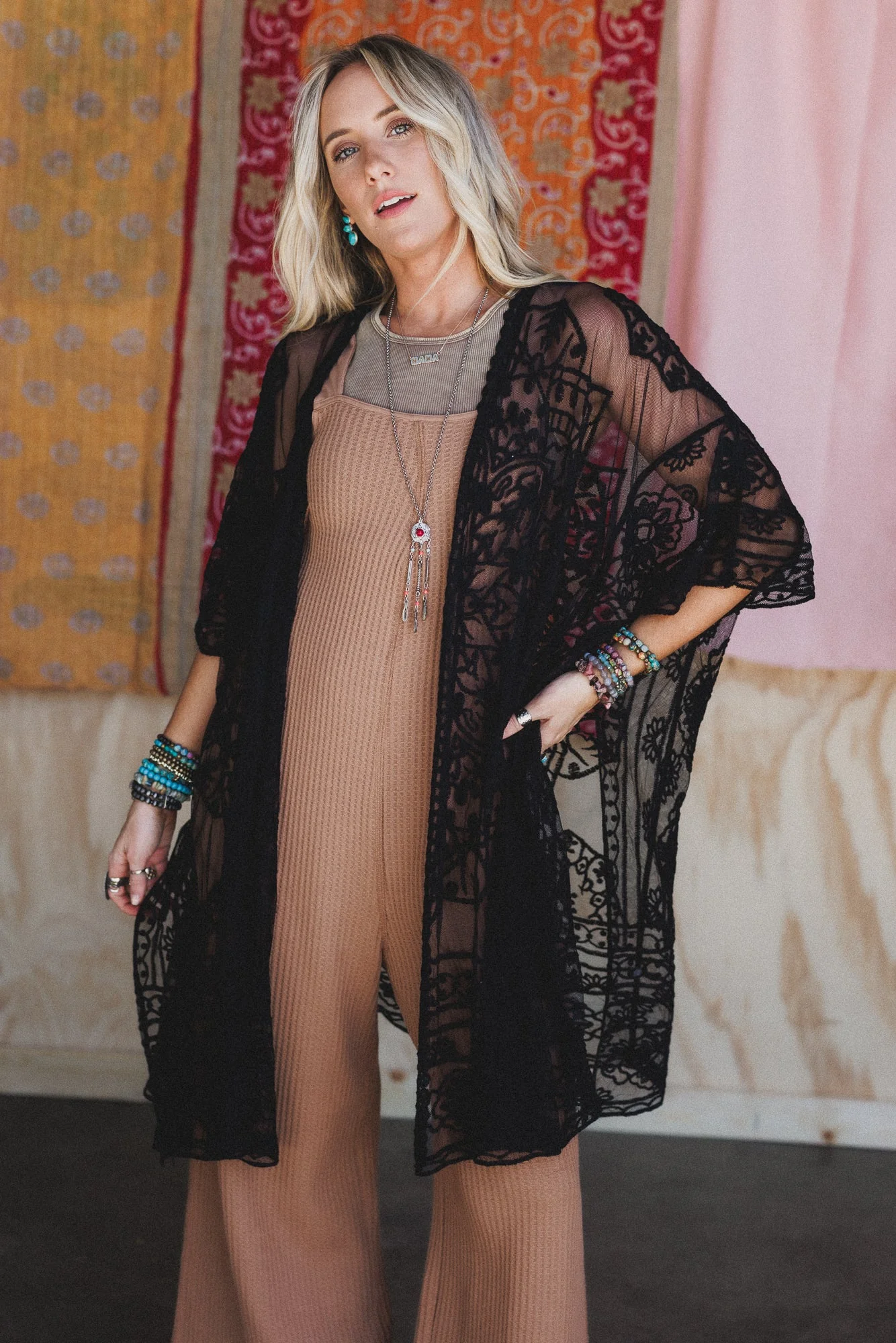 Go Wildflower Floral Embroidered Kimono - Black - Image 3