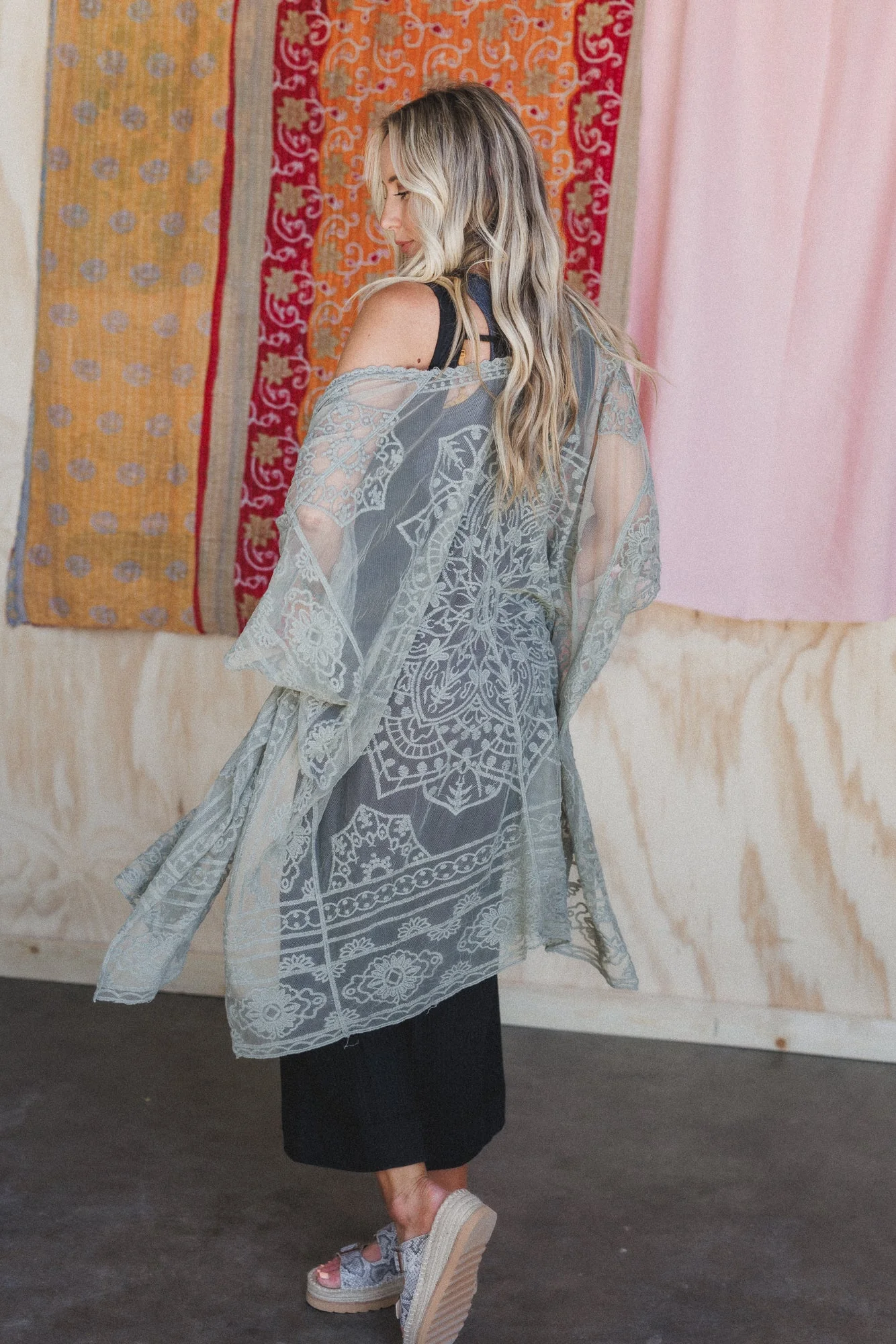 Go Wildflower Floral Embroidered Kimono - Sage - Image 6