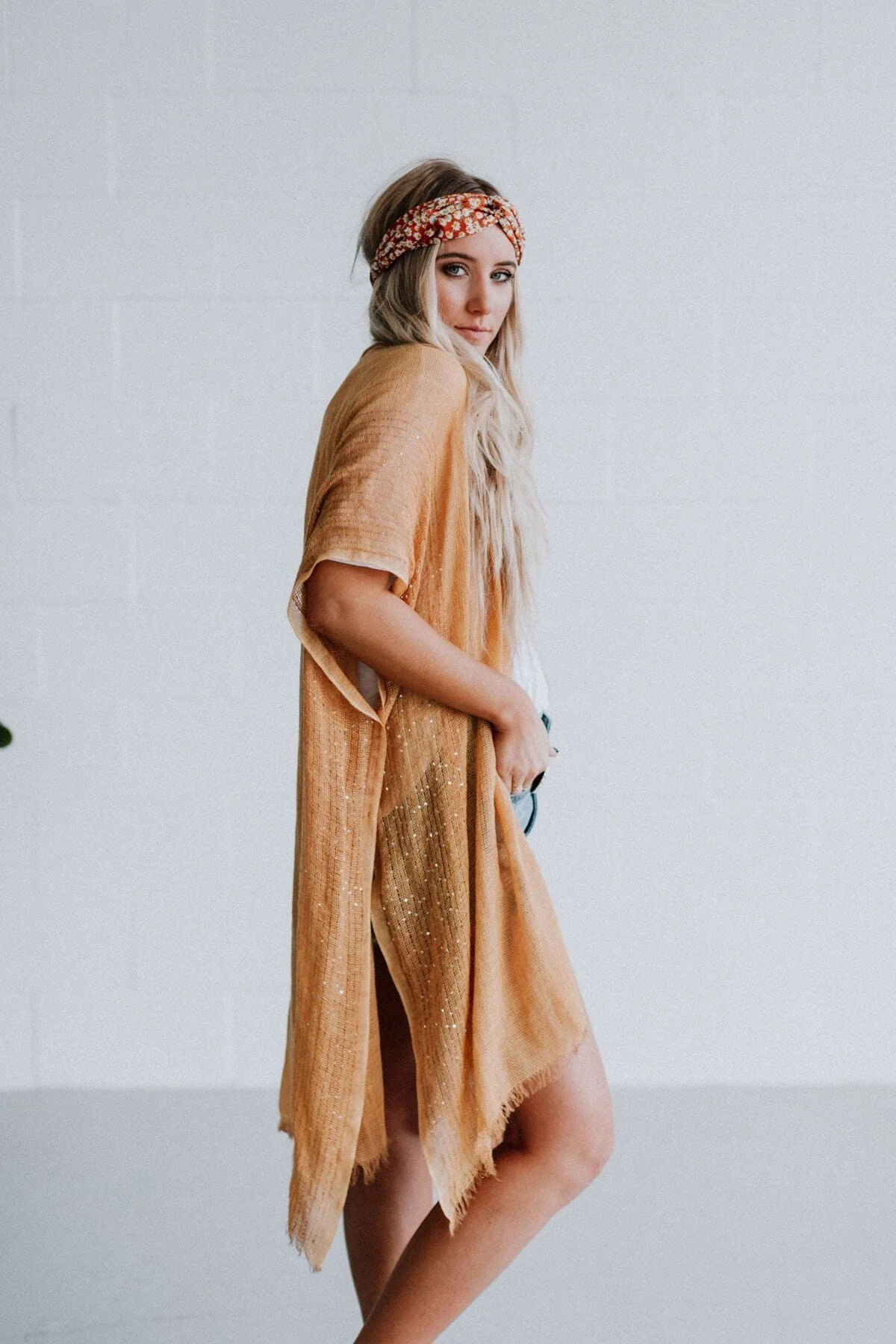 Mikka Sequin Frayed Trim Kimono - Mustard - Image 12
