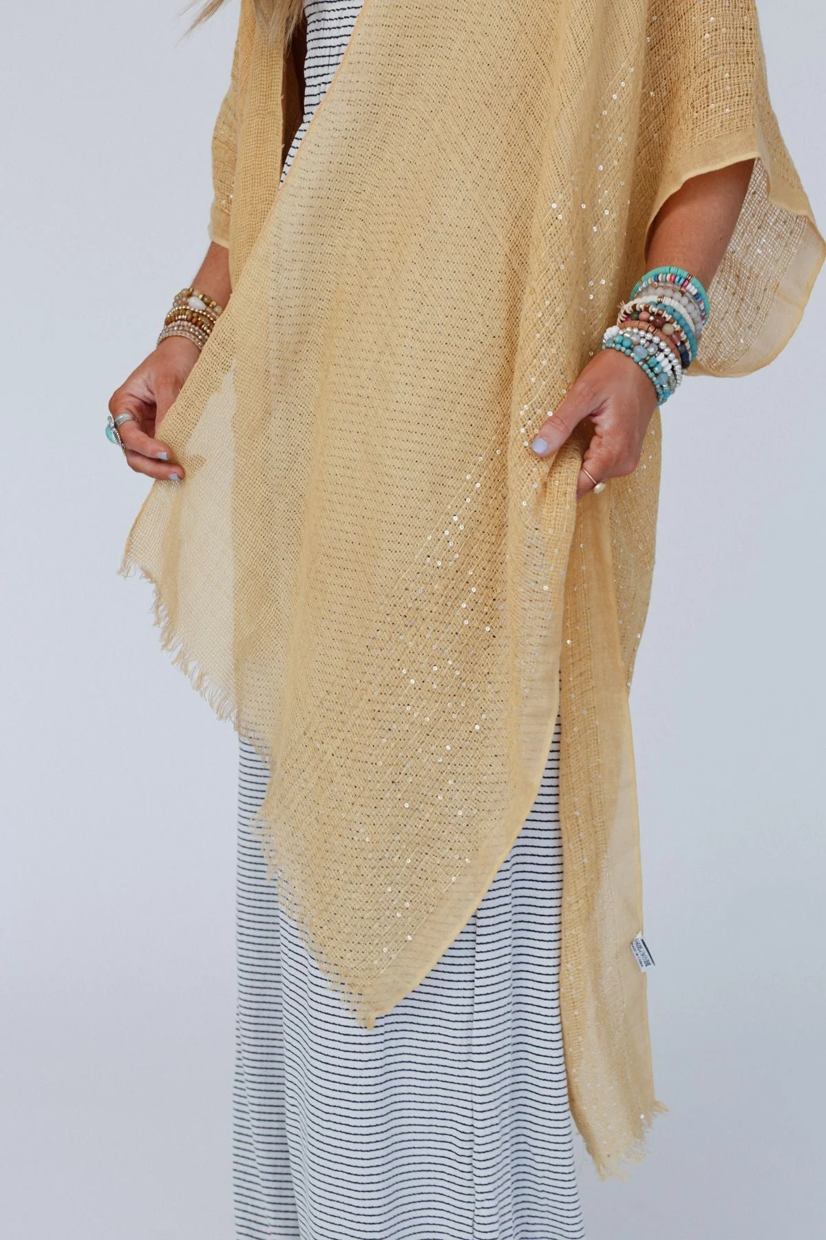 Mikka Sequin Frayed Trim Kimono - Mustard - Image 3