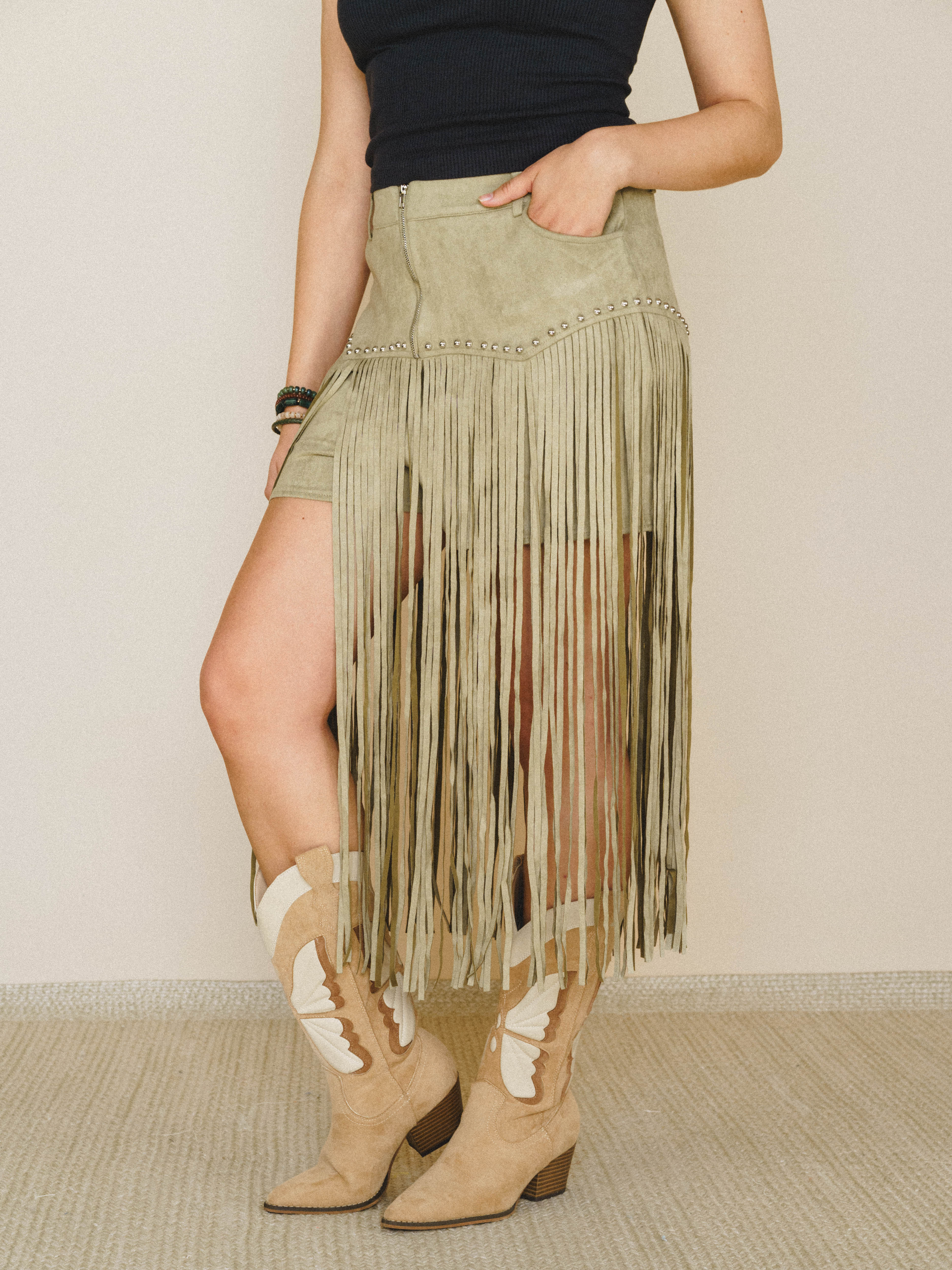 Here for a Good Time Fringe Shorts - Light Olive - Image 4