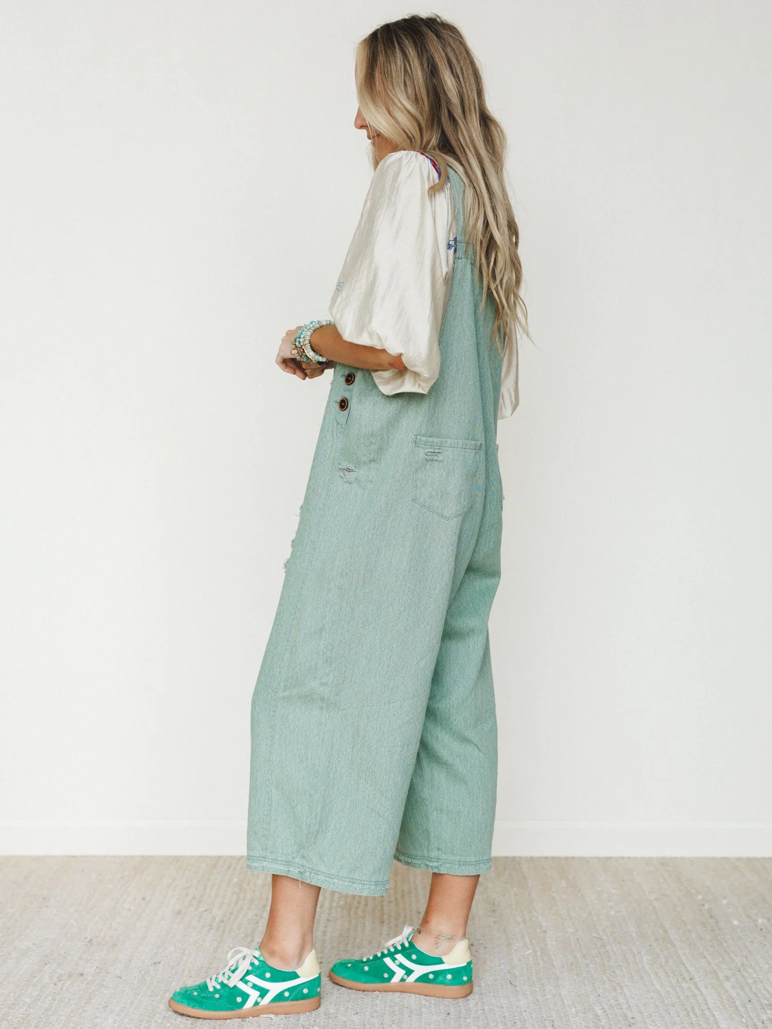 High Hopes Slouchy Denim Overalls - Sage - Image 4