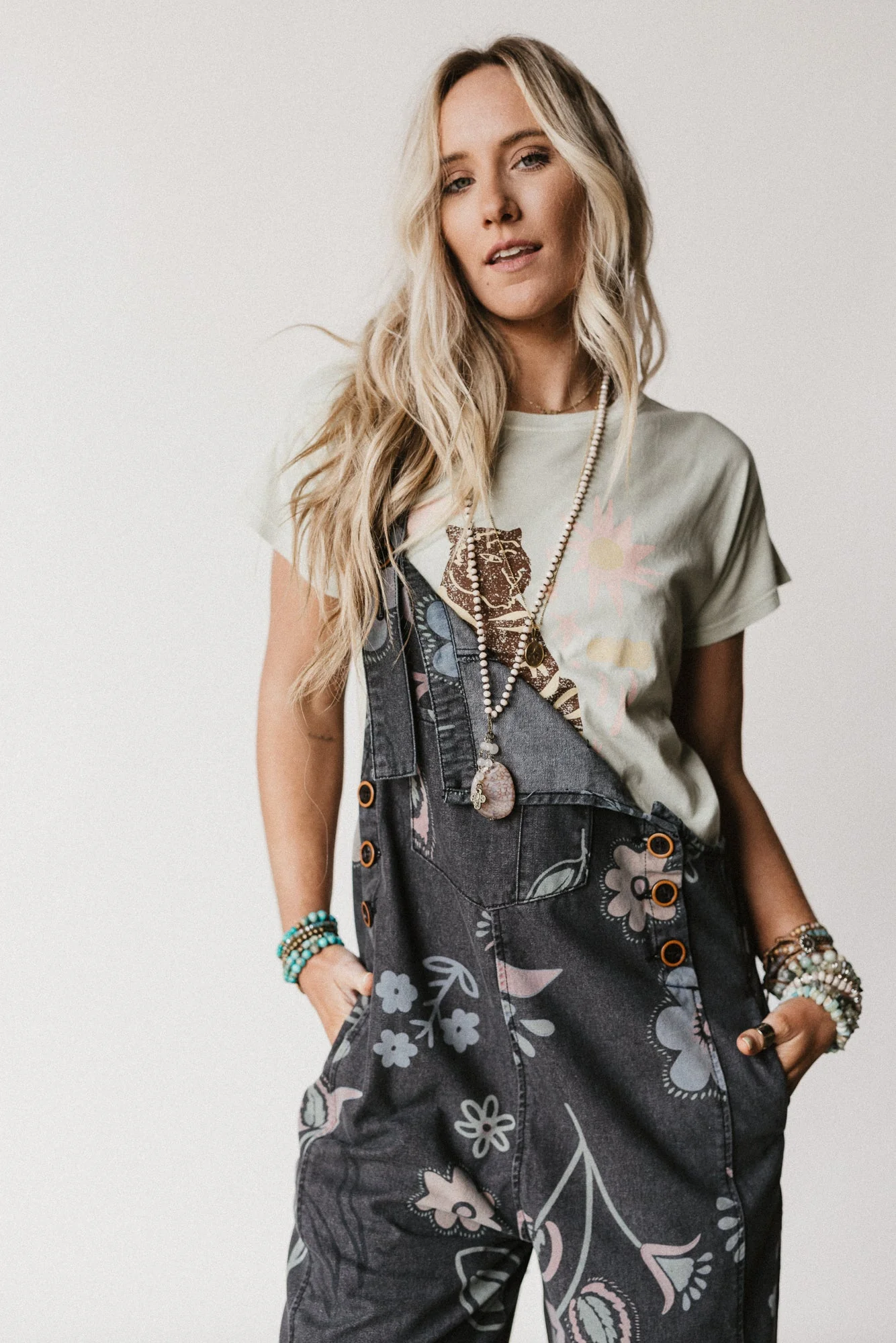 High Hopes Slouchy Pocket Denim Overalls - Black Artsy Floral - Image 2