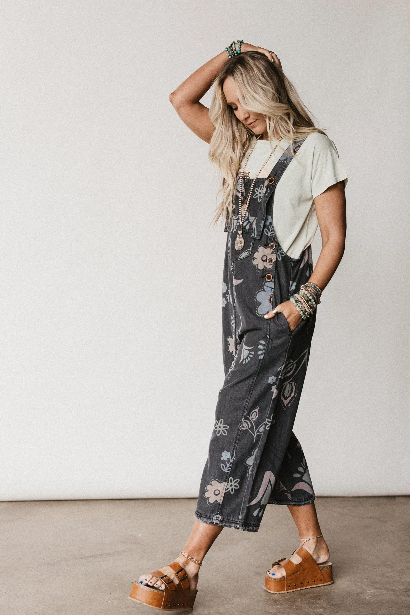 High Hopes Slouchy Pocket Denim Overalls - Black Artsy Floral - Image 4