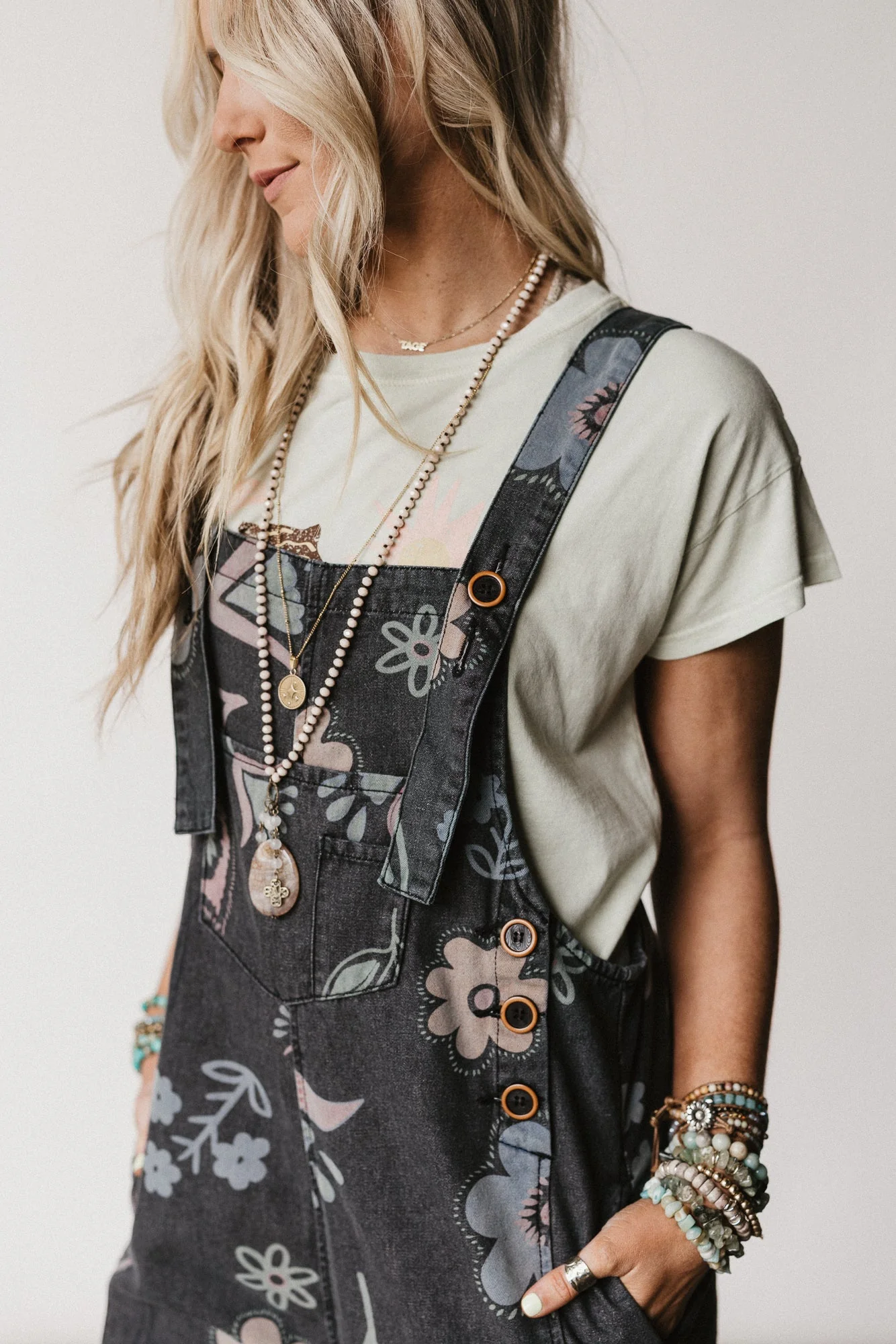 High Hopes Slouchy Pocket Denim Overalls - Black Artsy Floral - Image 3