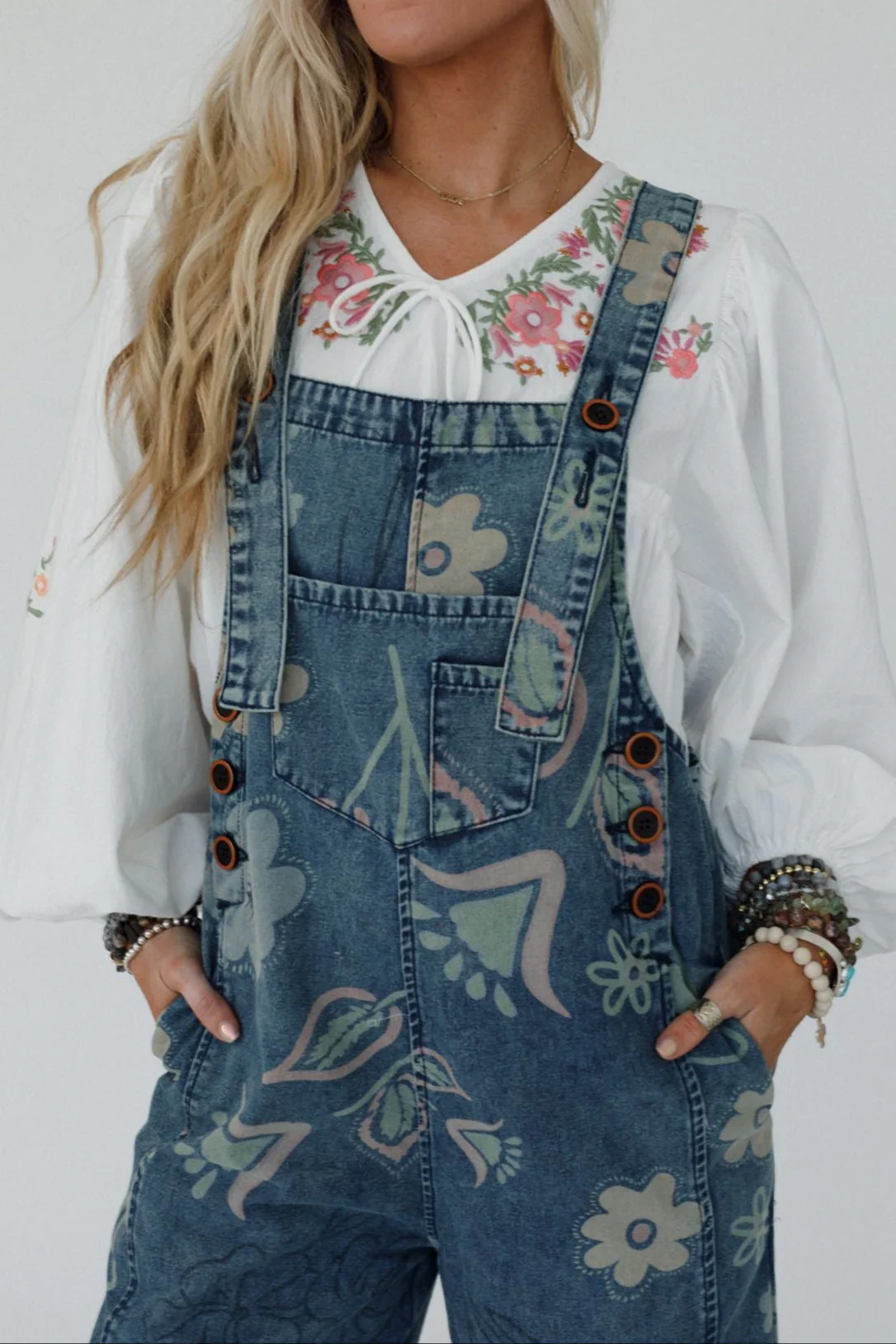 High Hopes Slouchy Pocket Denim Overalls - Blue Artsy Floral - Image 2