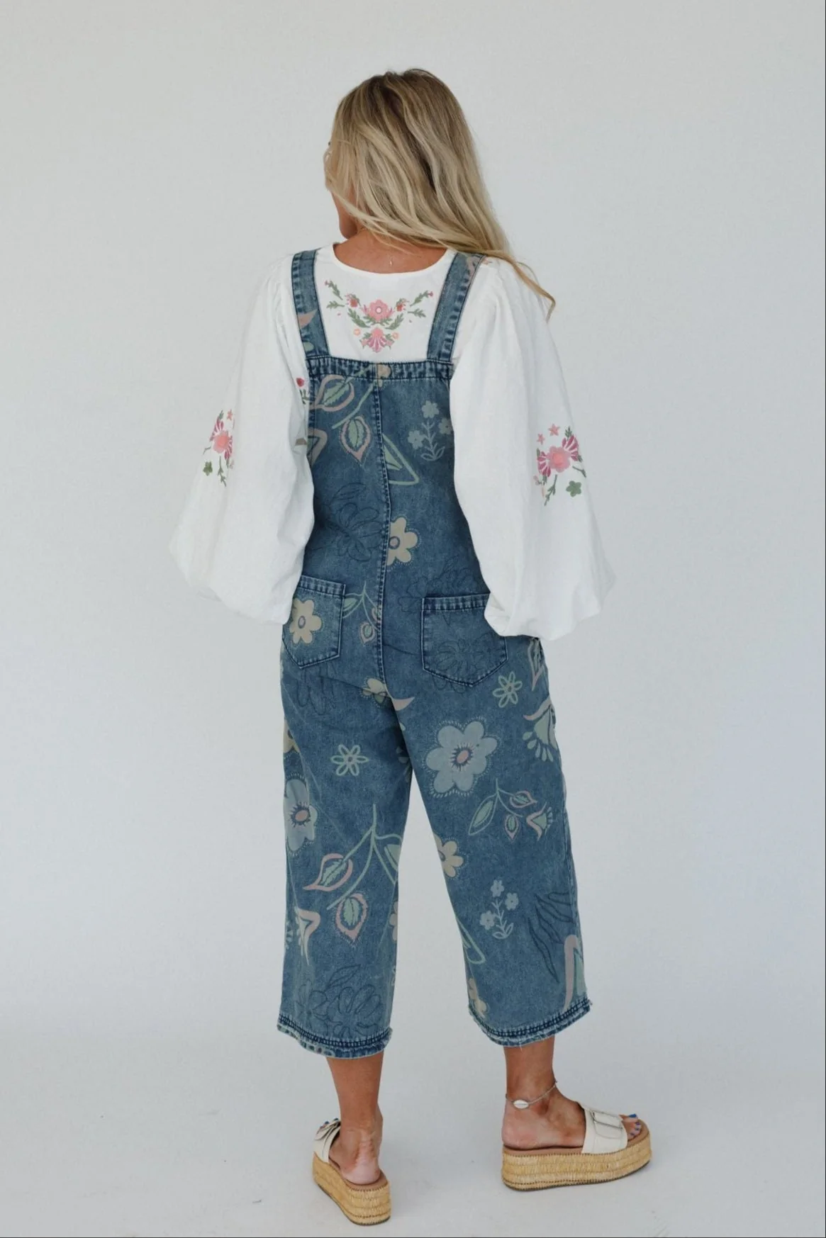 High Hopes Slouchy Pocket Denim Overalls - Blue Artsy Floral - Image 4