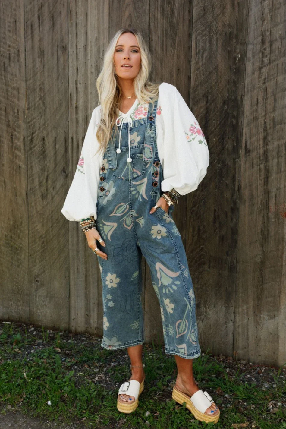 High Hopes Slouchy Pocket Denim Overalls - Blue Artsy Floral - Image 5