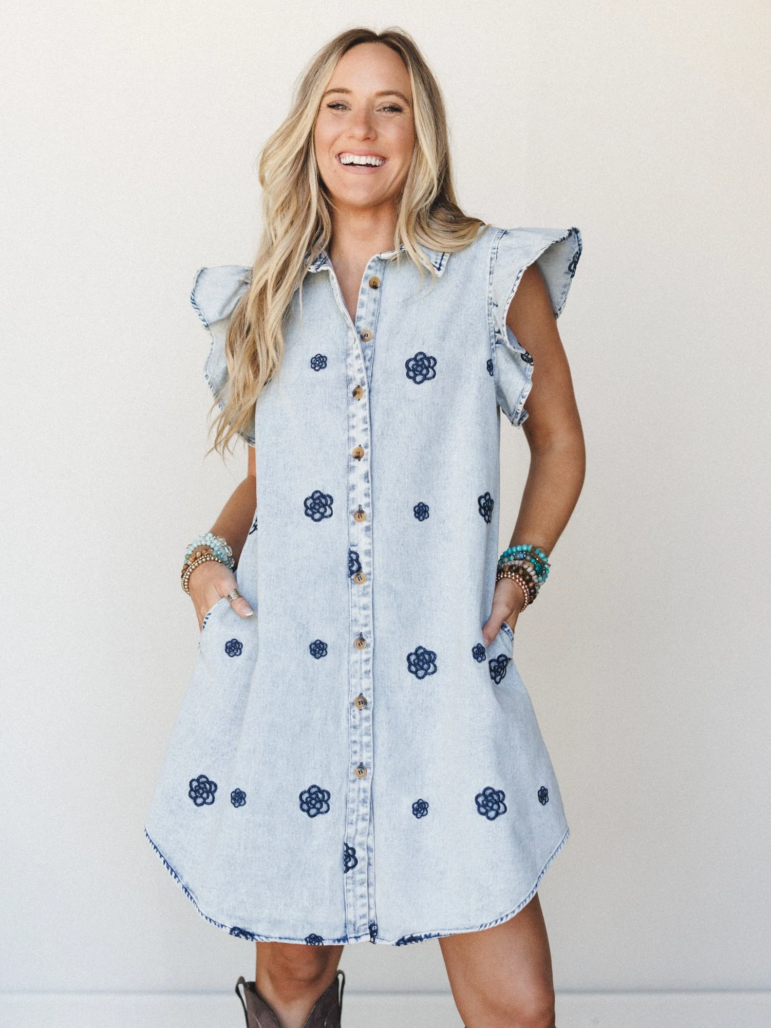 Honey Bloom Embroidered Dress - Washed Denim - Image 2
