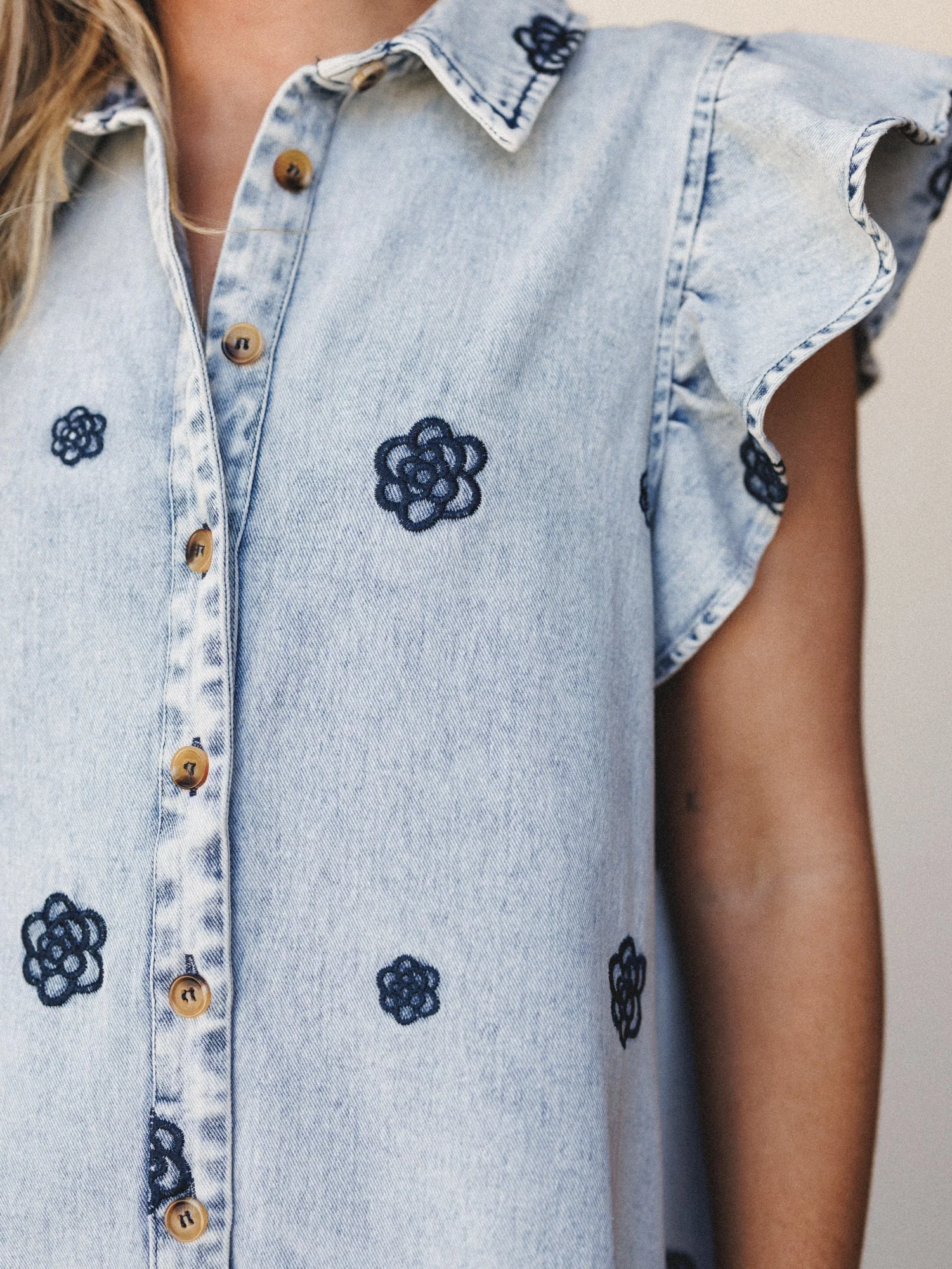 Honey Bloom Embroidered Dress - Washed Denim - Image 3