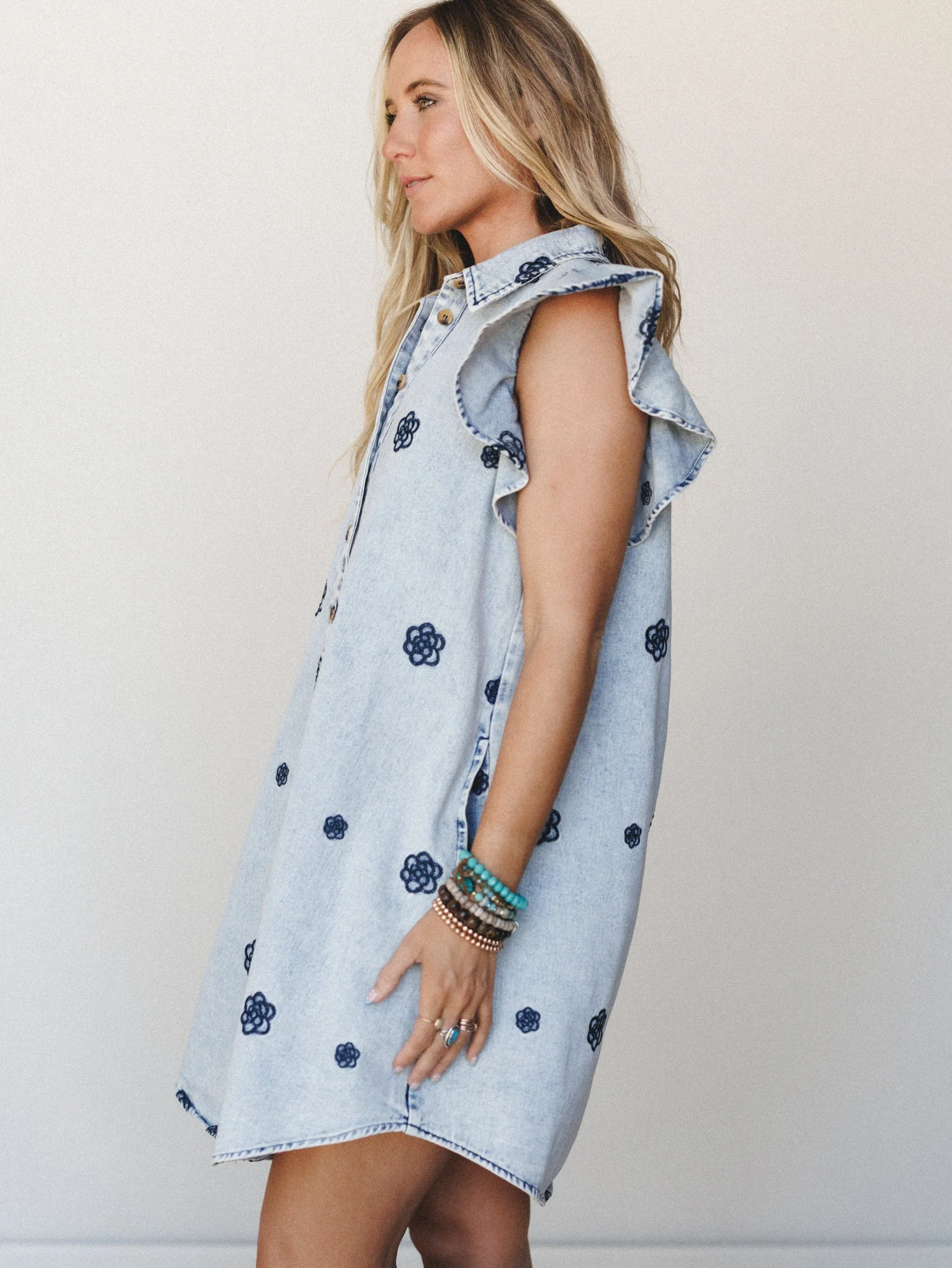 Honey Bloom Embroidered Dress - Washed Denim - Image 4