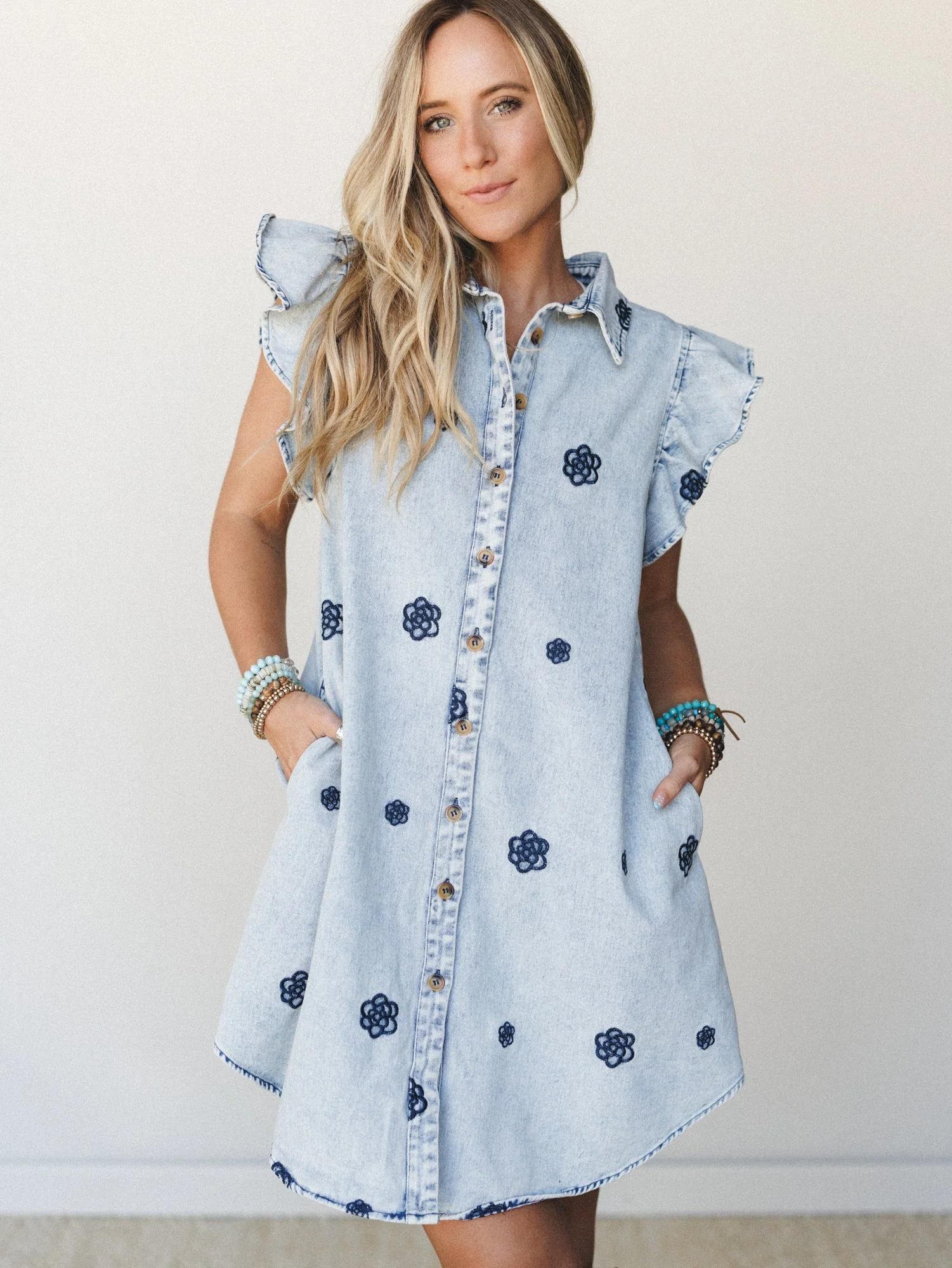 Honey Bloom Embroidered Dress - Washed Denim - Image 6
