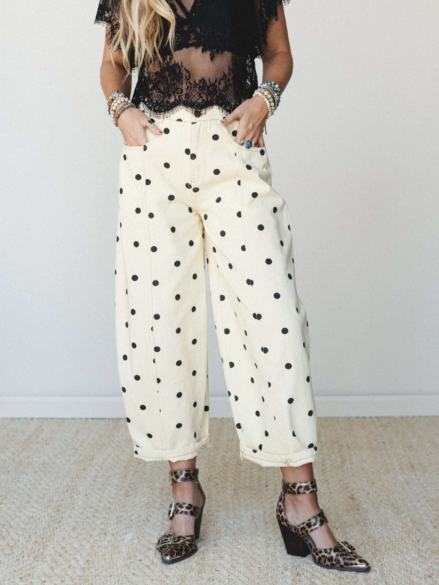 Honey Flower Polka Dot Pants - Light Yellow Black