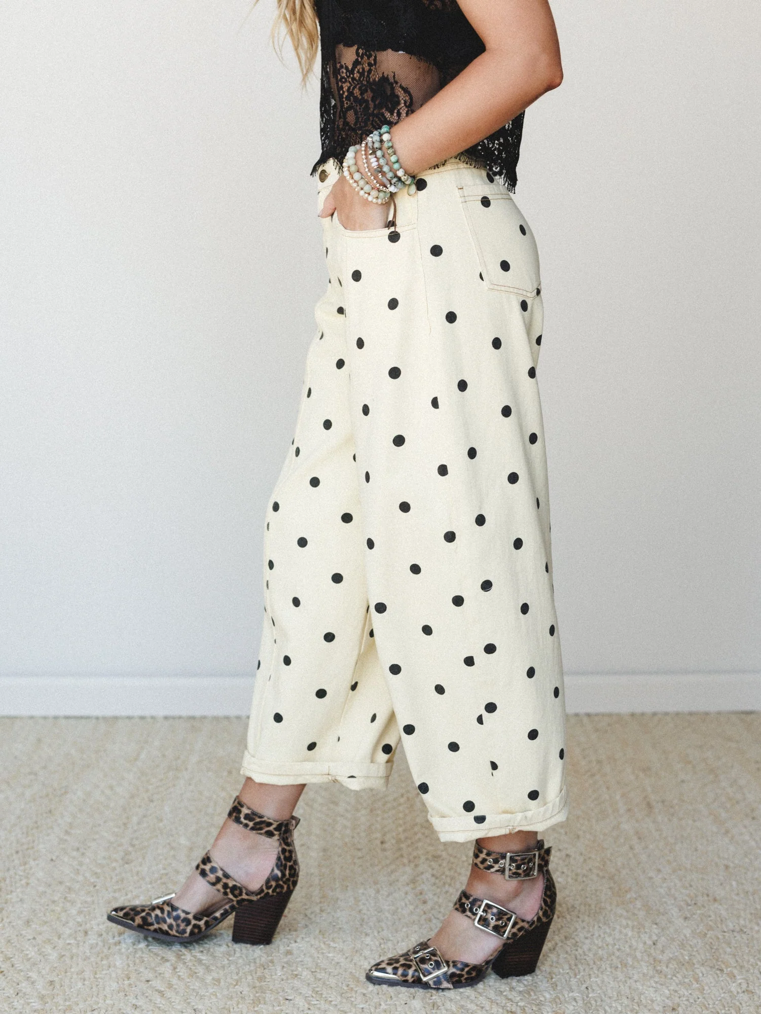 Honey Flower Polka Dot Pants - Light Yellow Black - Image 2