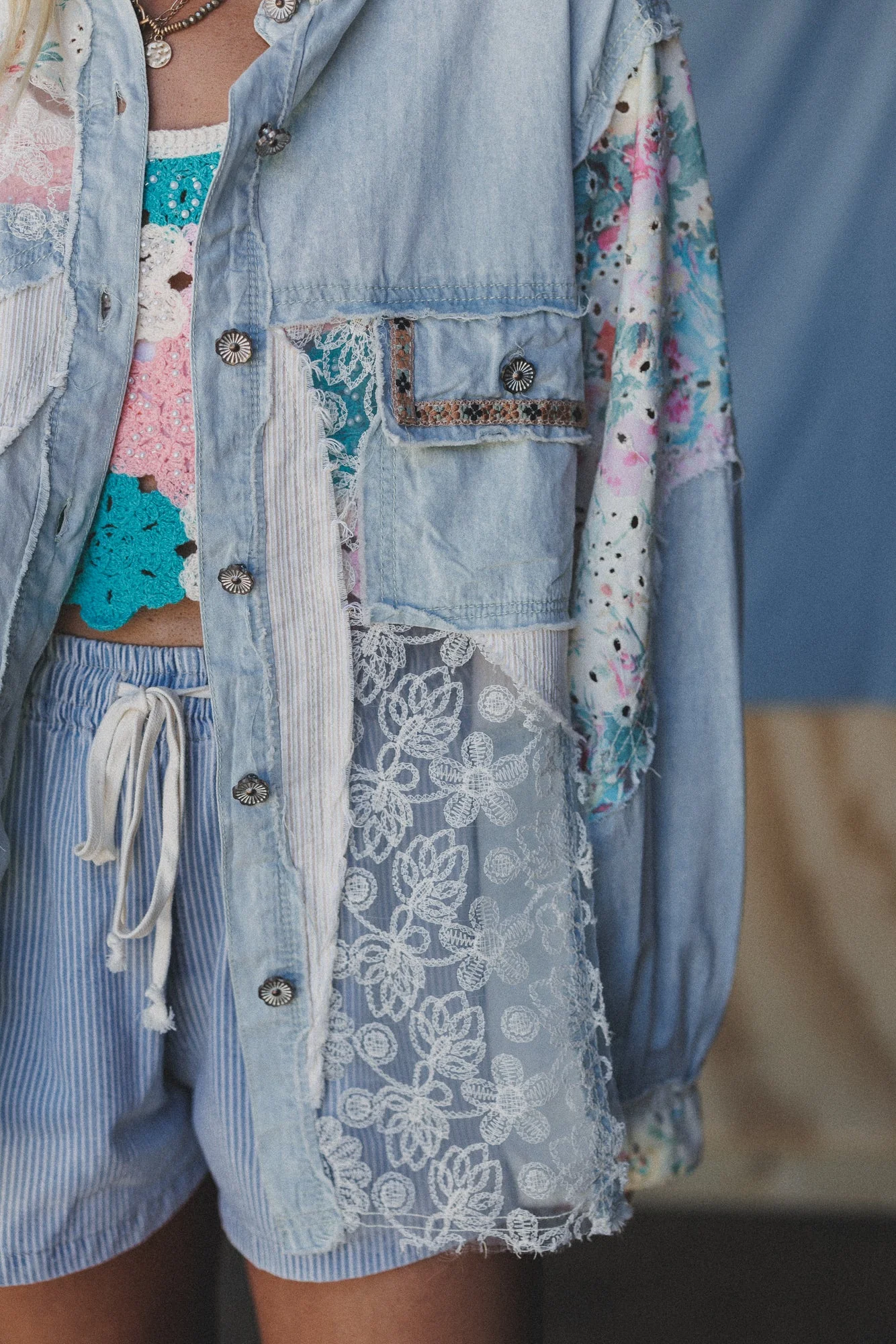 Hopeless Romantic Floral Lace Denim Jacket - Denim - Image 6