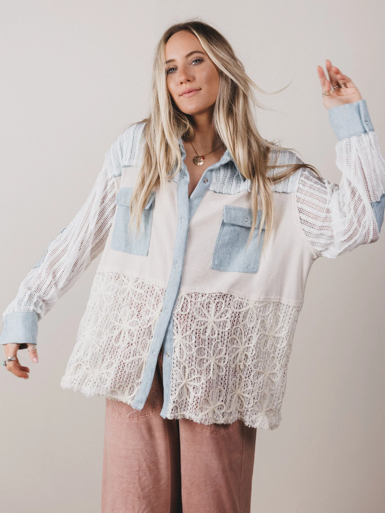 Isadora Lace Button Down Shacket - Blue - Image 6