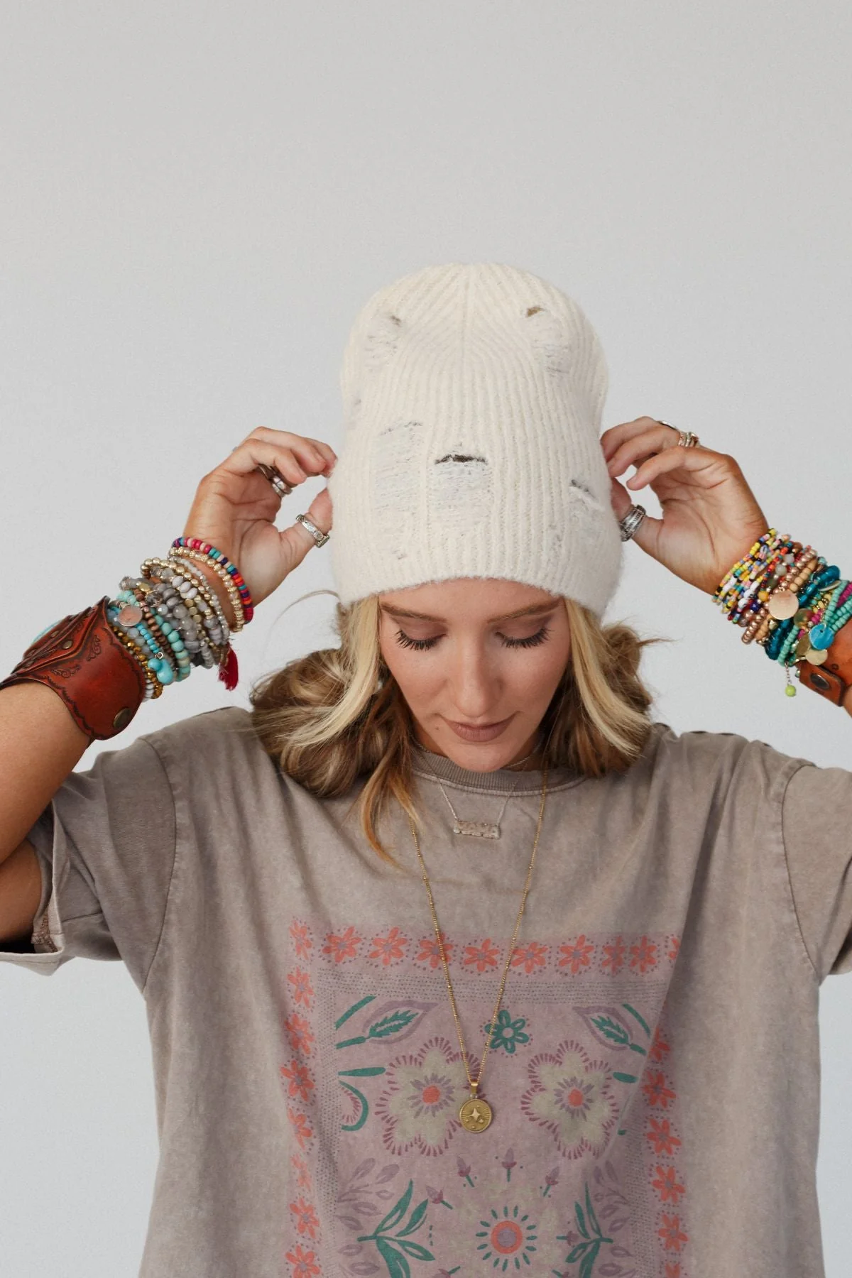 Jenice Distressed Beanie - Ivory - Image 4