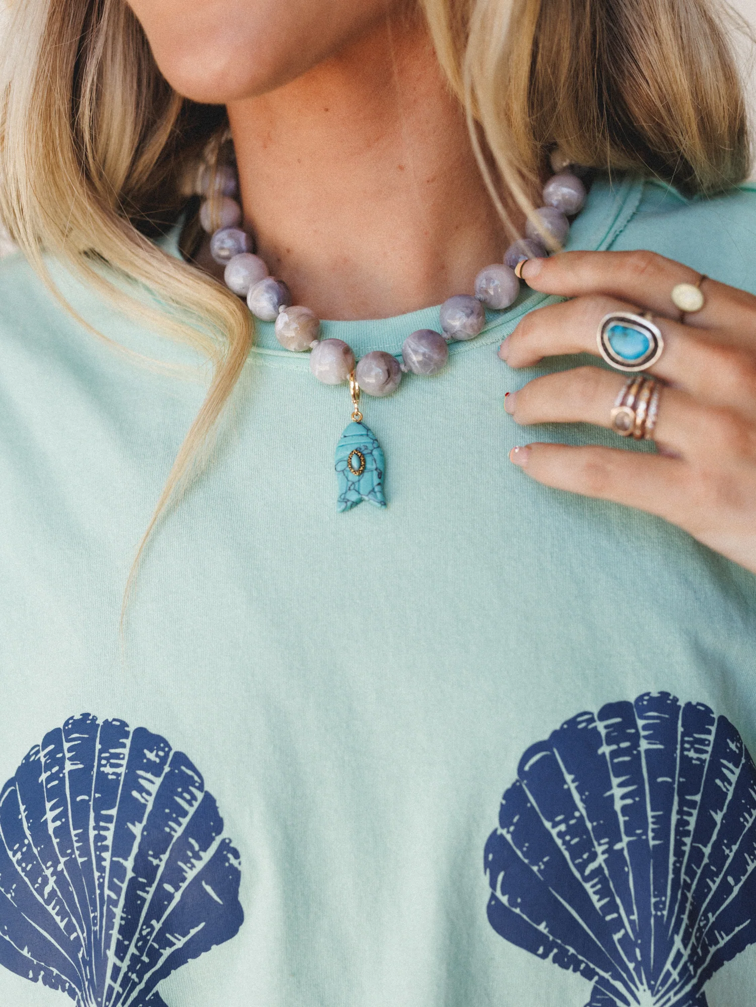 Kiawah Fish Charm Beaded Necklace - Grey