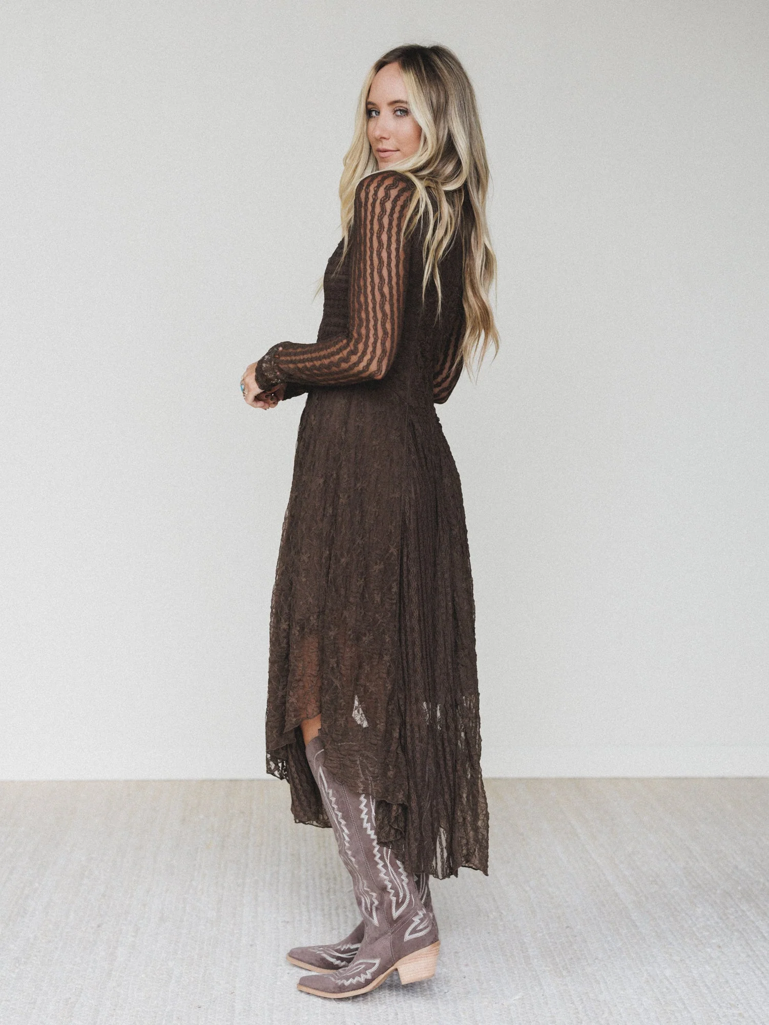Lace Story Long Sleeve Midi Dress - Chocolate - Image 2